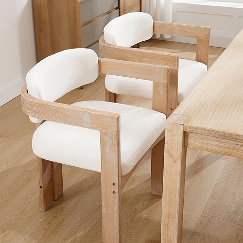 Miniatura 5 de Juego de 4 sillas de comedor de granja, sillas de cocina tapizadas con barril de madera, sillas modernas de lino con brazo para comedor, sala de
