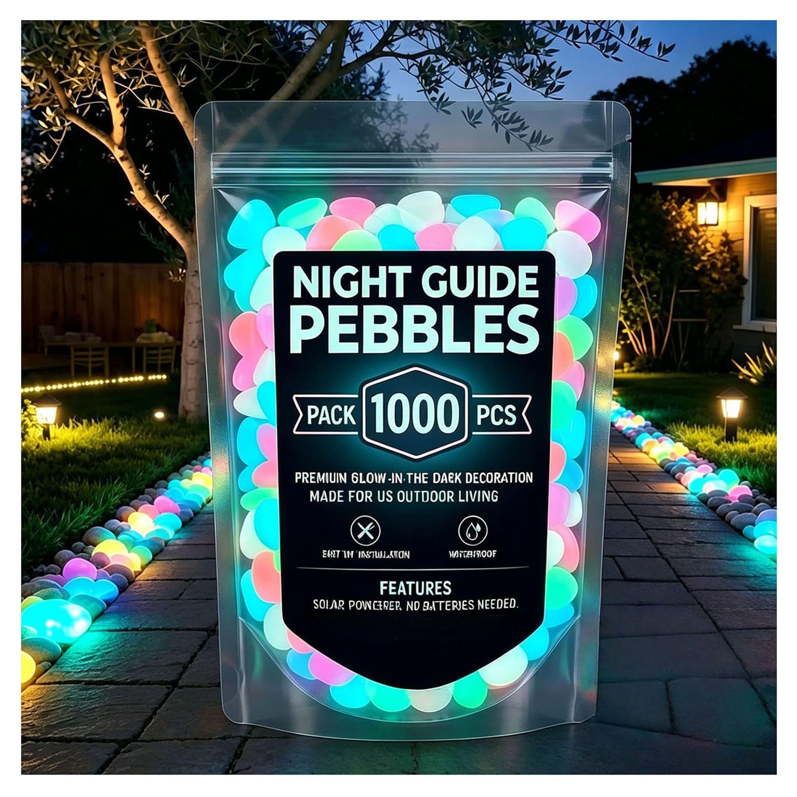 Glow in the Dark Pebbles Outdoor Luminous Glow Stones for Garden Pathways, Glowing Rocks for Yard, Aquarium, Planter & DIY Decor (Colorful,1000pcs)
