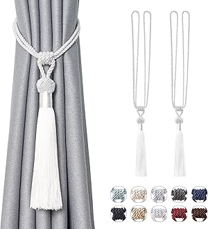 2 Pack Long Tassel Curtain Tiebacks Handmade Braided Rope Knot Drape Tie Backs European Style Decorative Curtain Holdbacks for Home & Office Window Drapery (Silver White)