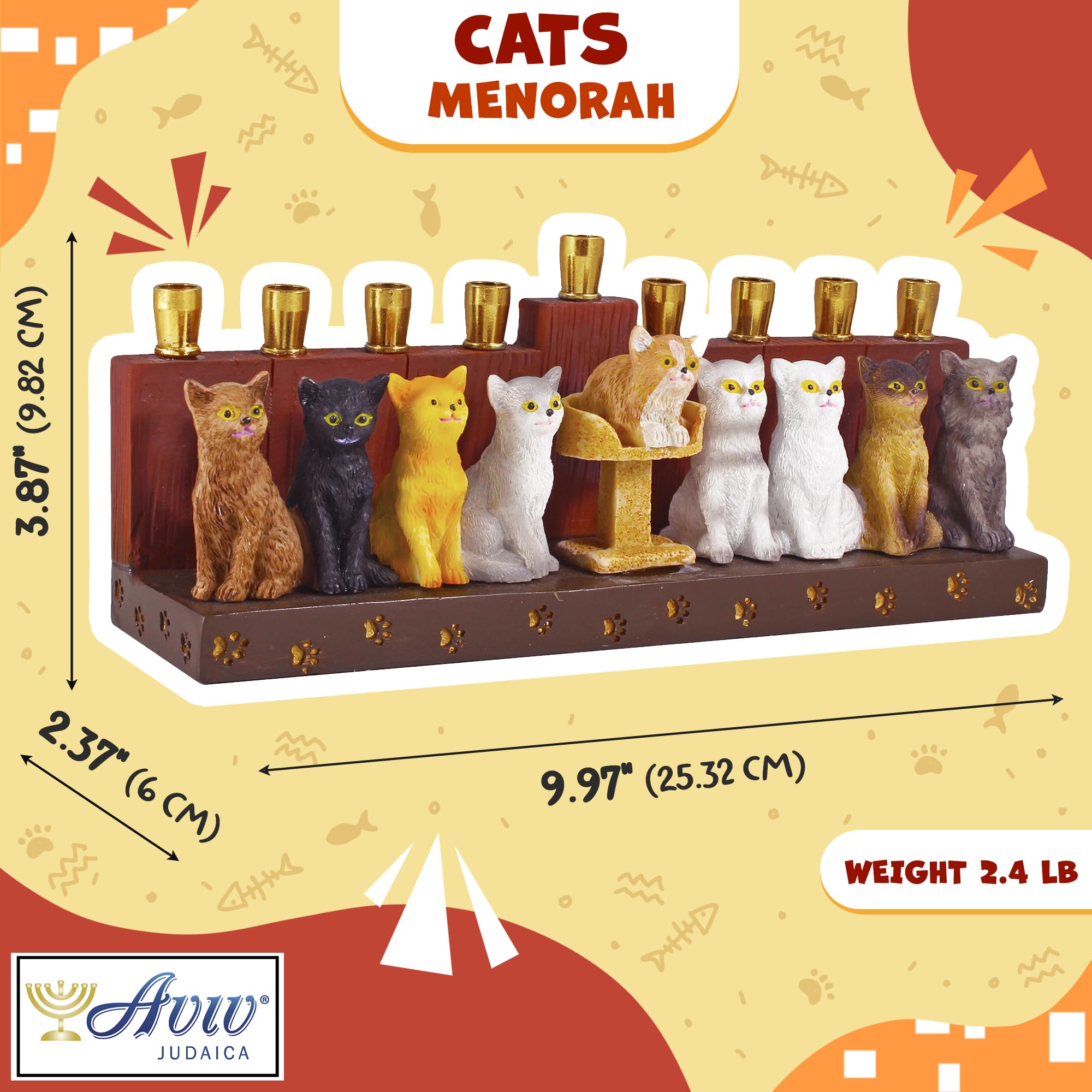 Chanukka-Katzen-Menora, 3D-Katzen- und Pfotenabdrücke auf Menorah-Basis, für Kinder, Jugendliche oder Erwachsene, Sammlerstück, Chanukkiah Minora, passend für Standard-Chanukah-Kerzen