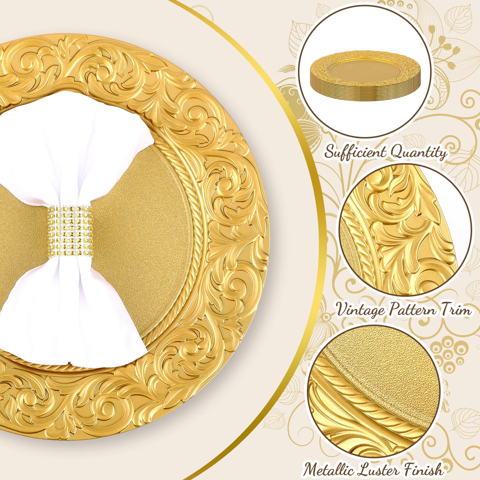 Uiifan Antike Platzteller, 33 cm, Kunststoff, geprägt, rund, florale Teller für Hochzeit, dekorative Ladegeräte für Tisch, Abendessen, Küche, Party-Dekoration (Gold, 12 Stück)