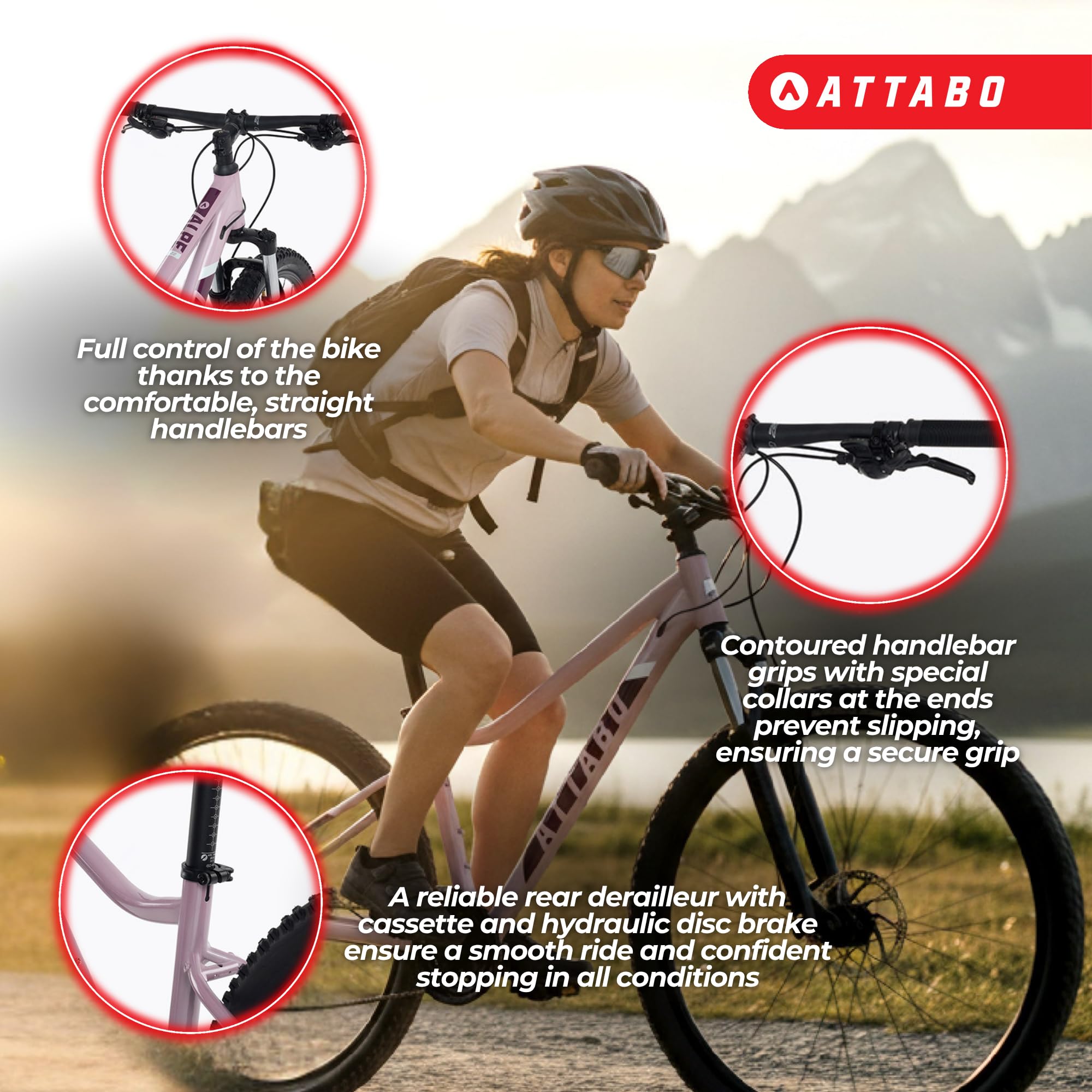 ATTABO Alpe 2.0 – damski rower górski z aluminiową ramą, widelec SR Suntour XCE, napęd Shimano 3 x 8 (24 biegi), hamulce tarczowe TEKTRO, z akcesoriami (klucze, dzwonek, reflektory)