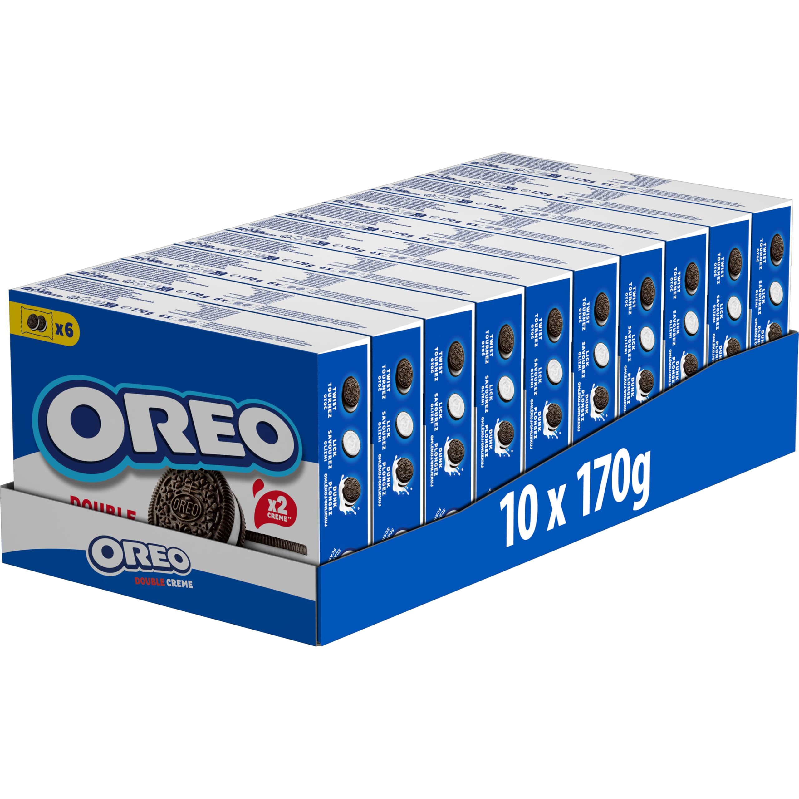 Oreo Doble Crema, Galletas de chocolate rellenas de doble crema sabor vainilla, Las galletas clásicas pero con doble relleno, Paquete de 10 x 170 g