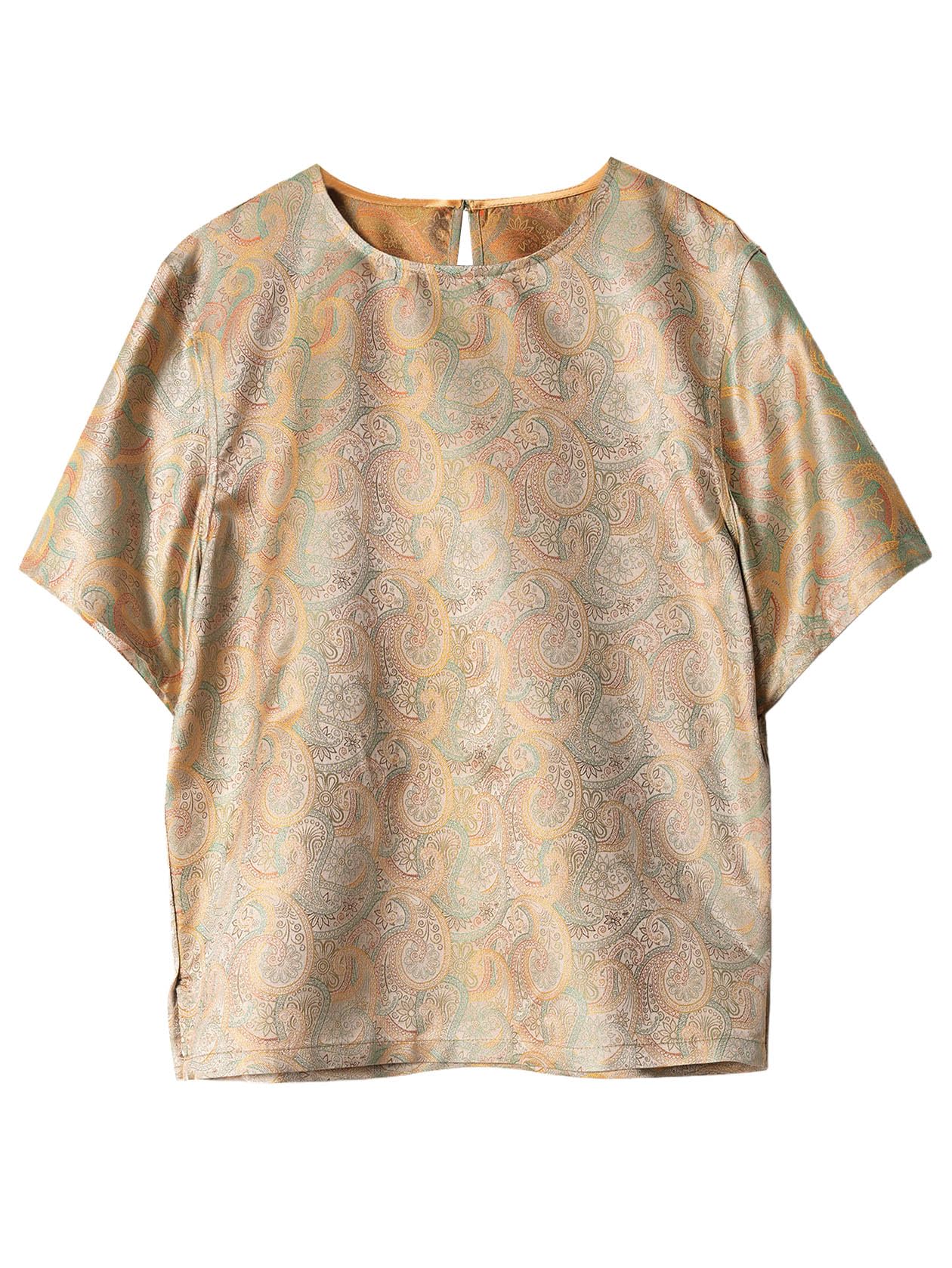 HangErFeng Damska Jedwabna Bluzka Piosenka Brocade Paisley Krótki Rękaw Okrągły Dekolt Top 633