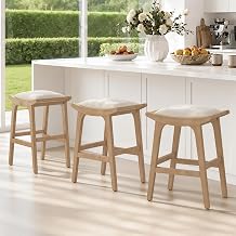 Cozyman Counter Height Bar Stools Set of 3, Backless Saddle Stools for Kitchen Counter, 25 Inch Modern Farmhouse Bar Chairs with Solid Wood Legs & Footrest, Upholstered Barstools, Fabric in Linen