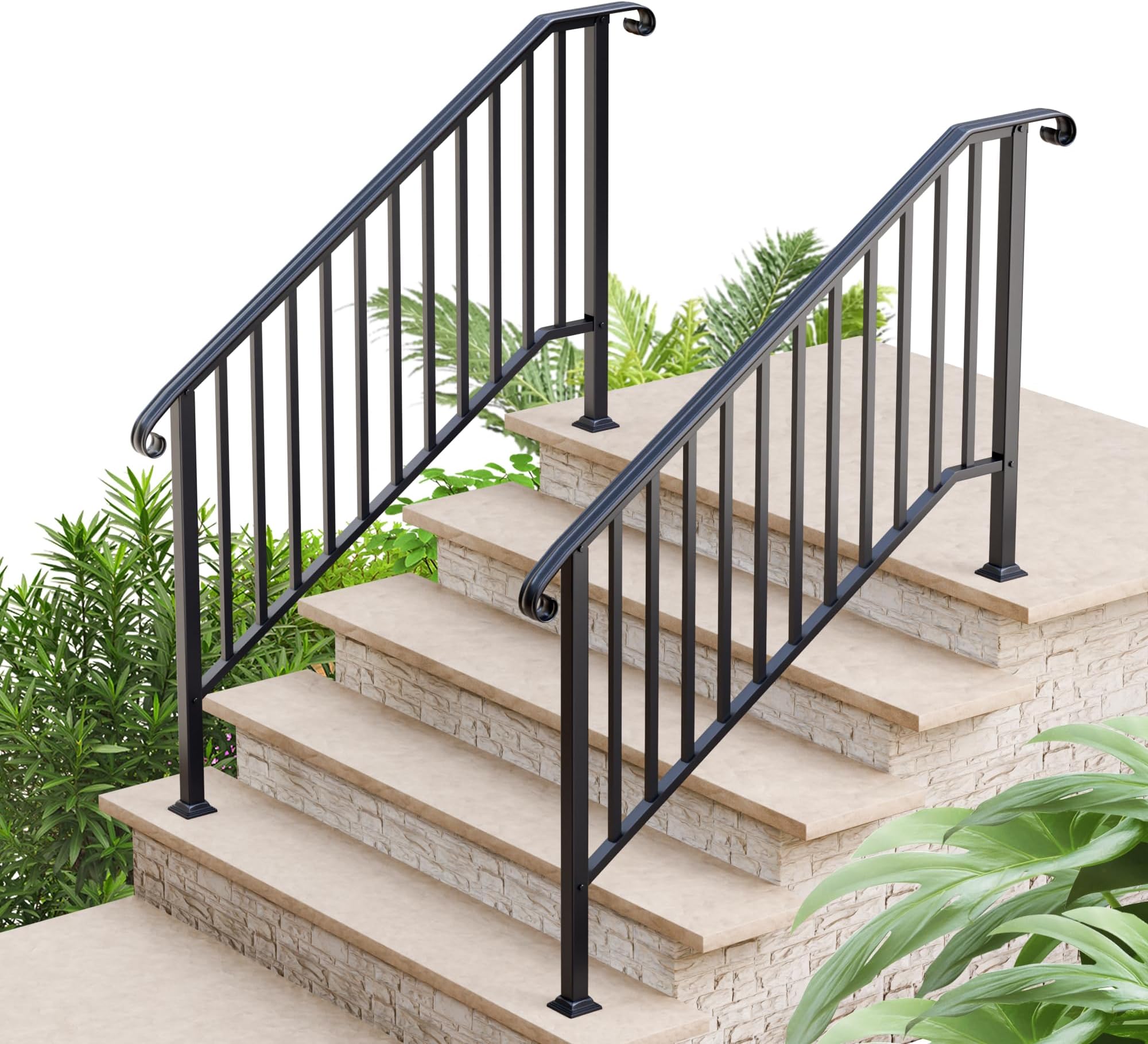 2 Pack 5 Step Handrails for Outdoor Steps, Wrought Iron Stair Railing Fits 4 or 5 Steps, Metal Hand Railing with Installation Kit, Staircase Handrails for Concrete, Porch, Deck, Exterior Steps, Black