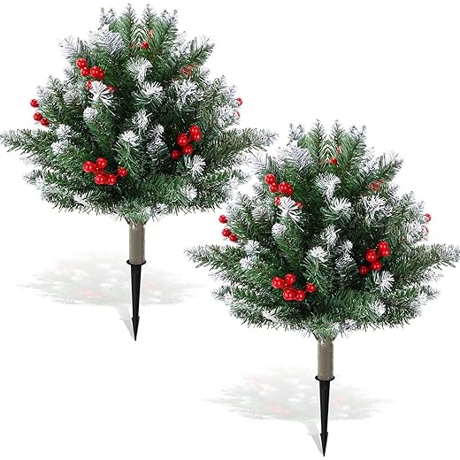 Yunlly 2 Pcs 23.6in Frosted Artificial Cedar Pine Topiary Trees for Front Porch Decor, Outdoor Christmas Tree with Cones Red Berries, Faux Shrubs UV Resistant Fake Bush Greenery for Indoor Garden