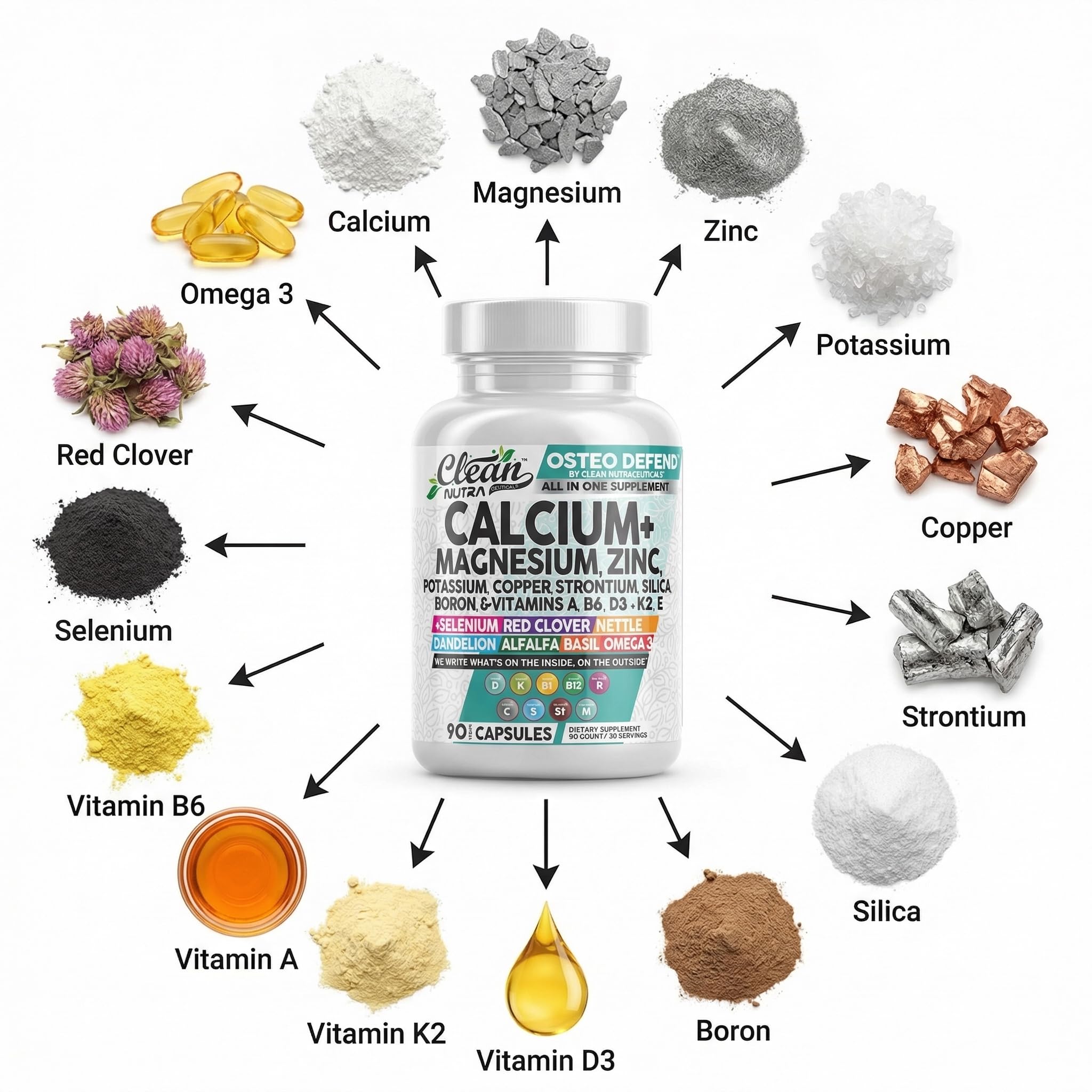 Allin1 Calcium Magnesium Zinc Supplement with Potassium, Copper, Strontium, Silica, Vitamin D3 K2, Boron, Vitamin B1 B12 Red Clover Herb Alfalfa Basil Pills for Men & Women Clean Nutra Osteo Defend — Amazon image 4