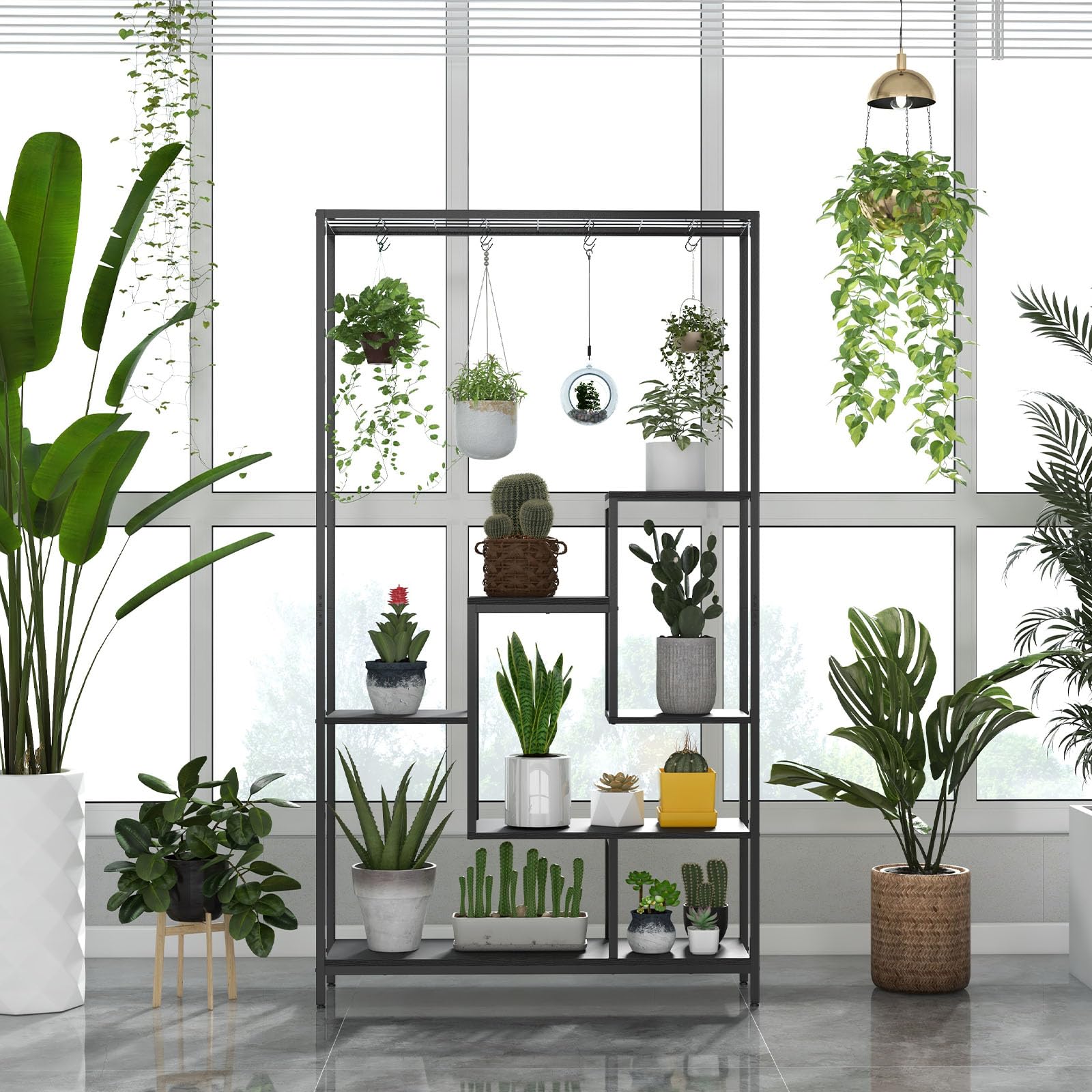 HOMASIS Pflanzenregal groß, Blumenregal mit 6 Etagen, Pflanzenständer mit 10 Haken & Gitter, Blumenständer aus Metall, Blumentreppen Mehrzweckregal für Wohnzimmer, Balkon, 100x30x180cm (Schwarz)