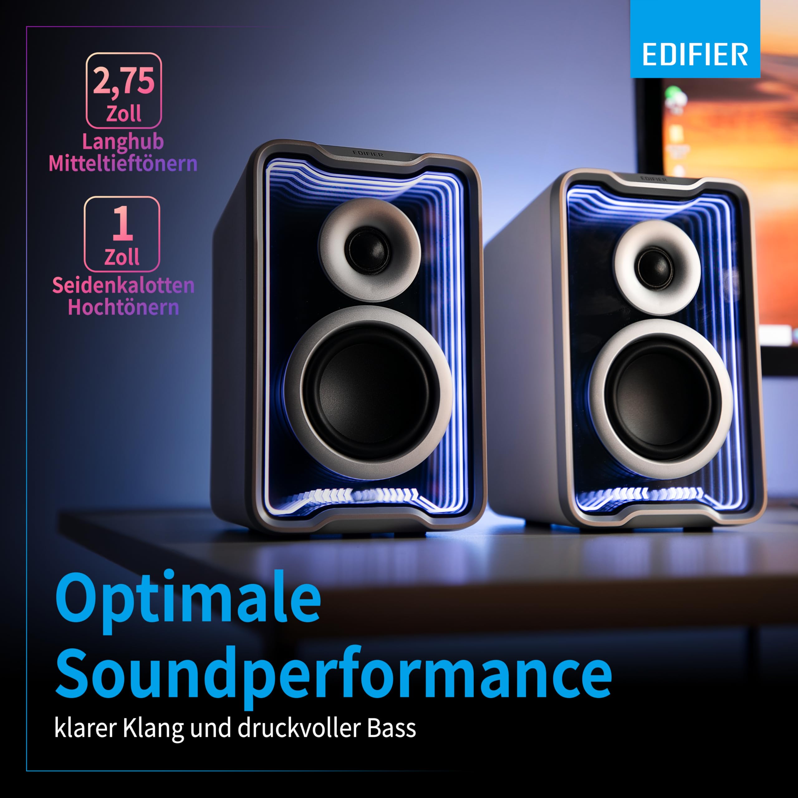 Edifier QR30 Aktiver Desktop-Lautsprecher mit Bluetooth V5.4, dynamische Lichteffekte, 30 Watt RMS – Weiß