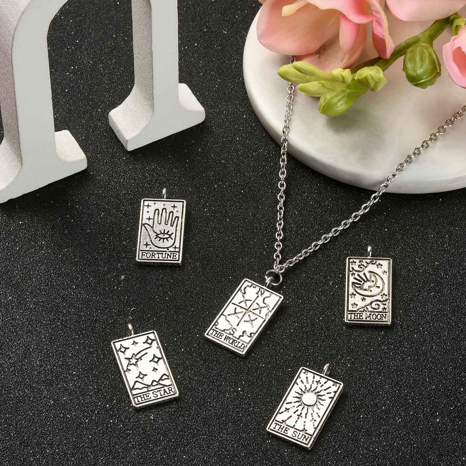 Stiesy 50Pcs 5 Styles Antique Silver Tarot Charms Tibetan Style Sun Moon Tarot Card Charm Vintage Magic Divination Card Jewelry Pendant Bulk for Bracelet Jewellery Making DIY Crafts Necklace - Image 4