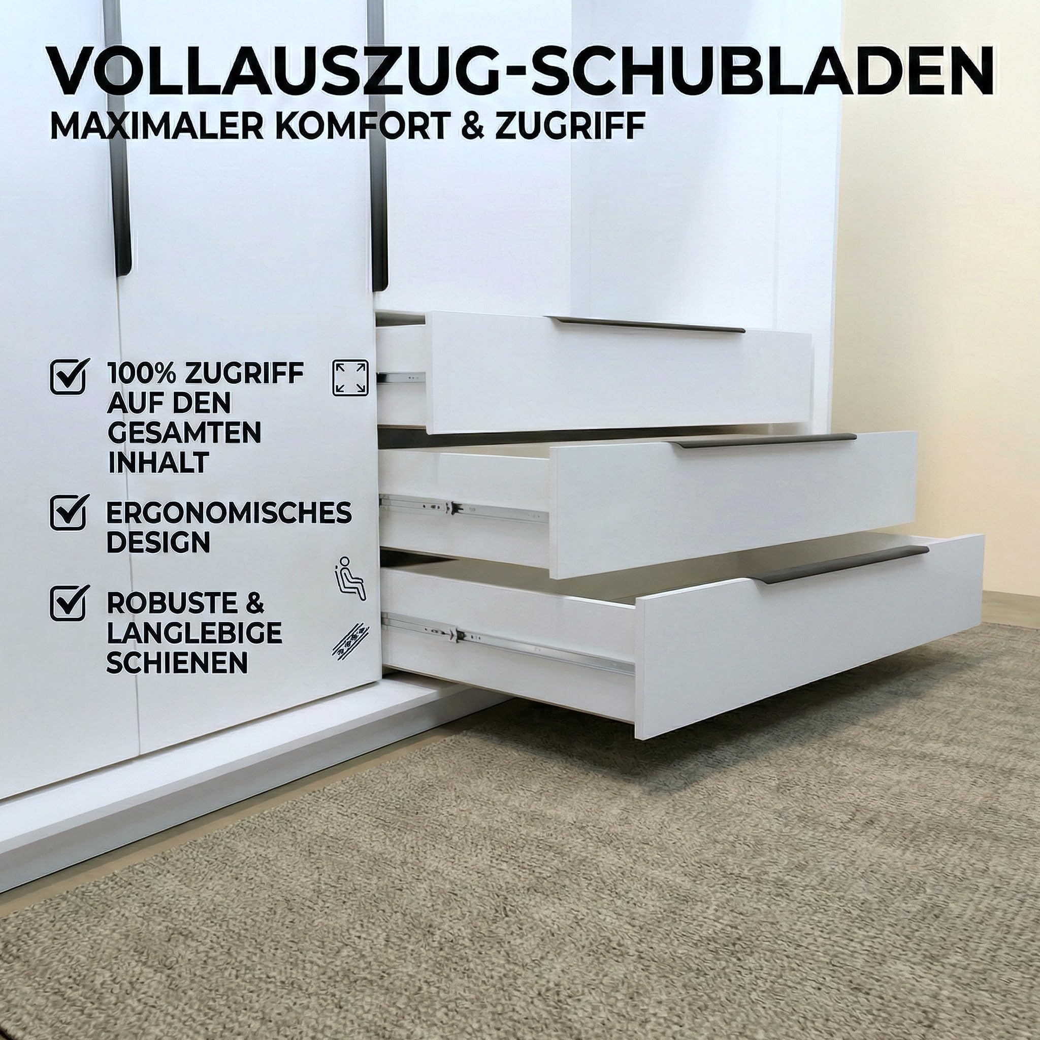 A&J MöbelLand VIVO Kleiderschrank 4-türig mit Spiegel und Schubladen – 200 x 215 cm – Drehtürenschrank mit Kleiderstange und Einlegeböden