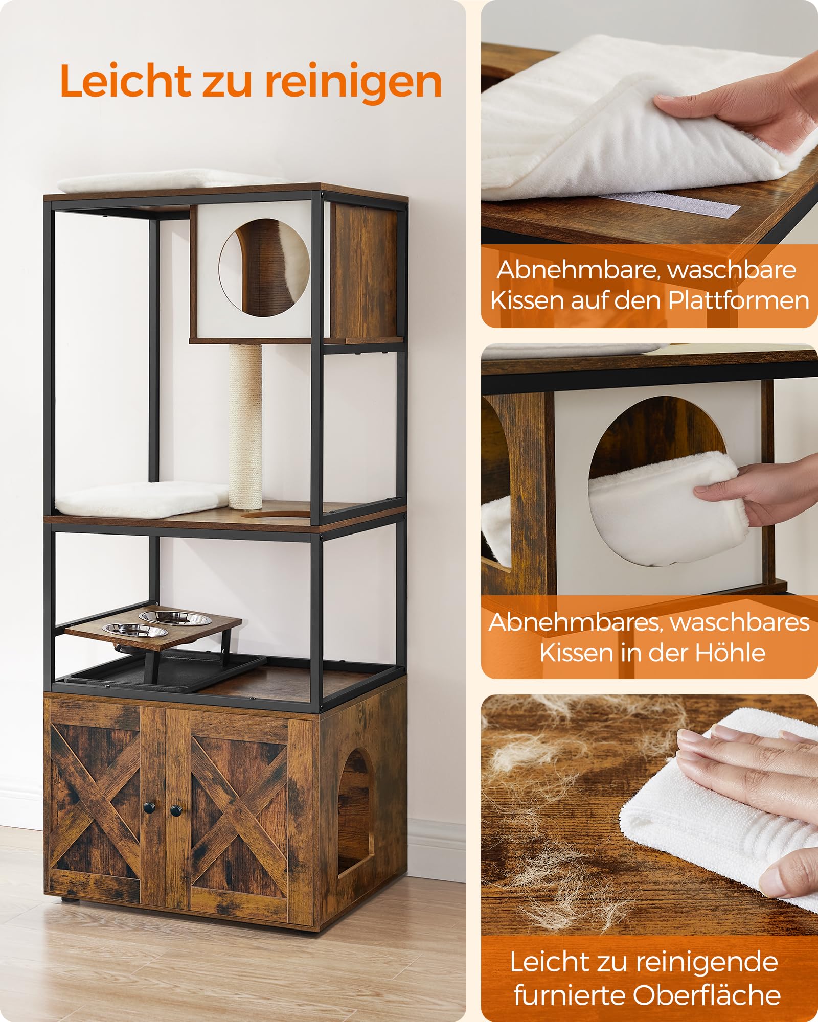 Feandrea Kratzbaum, Katzenbaum, Katzenhaus mit Katzenklo-Schrank, erhöhter Napfständer, Sisalstamm, waschbare Kissen, vintagebraun PCT312X01