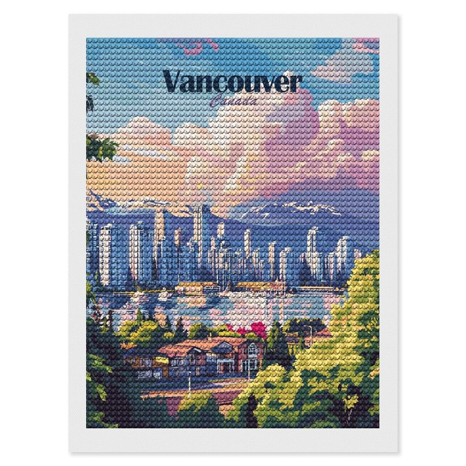 Junmoney Vancouver Skyline Round Drill Diamond Painting 12"x16", for Women, Relaxing DIY Hobby, Bedroom Decor, Christmas Gift, Adhesive Canvas