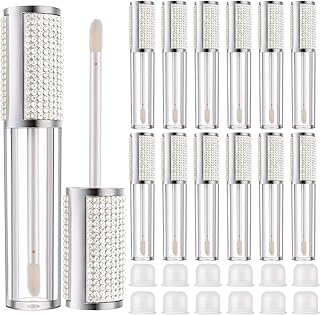 Patelai 12 Pieces Crystal Rhinestone Lip Gloss Tubes Empty Lip Gloss Bottles Refillable Rhinestone Lip Gloss Container Lip Balm Tubes Plastic Cosmetic Bottles with Rubber Inserts, 5 ml (Silver)