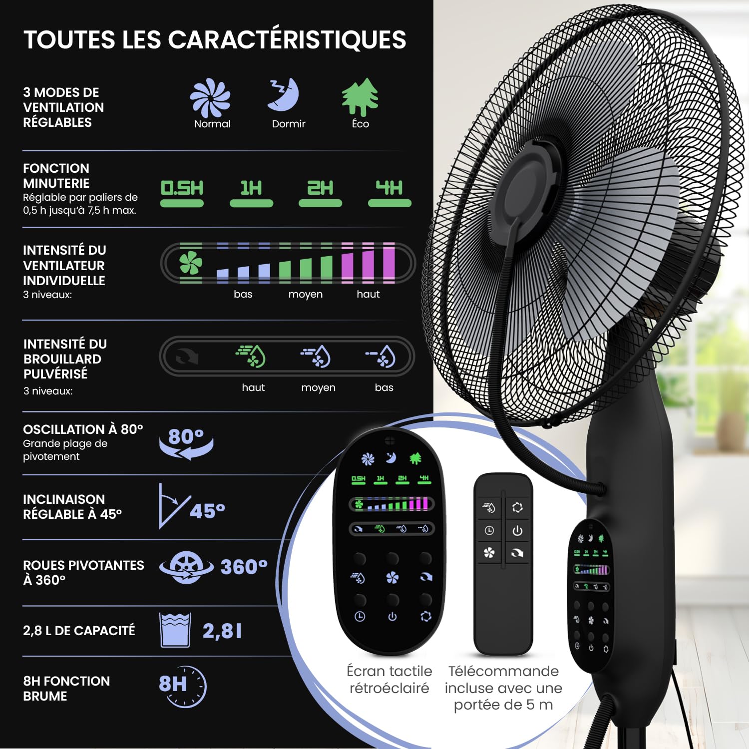 Ventilateur avec refroidissement par eau, ventilateur sur pied très silencieux avec télécommande, refroidisseur d'air avec fonction minuterie, trois vitesses, fonction pivotante et inclinable