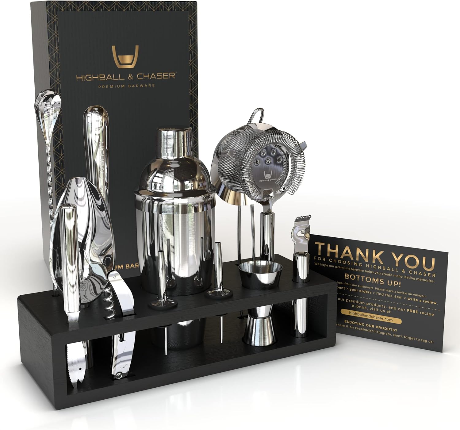 Highball & Chaser 13-Piece Boston Cocktail Shaker Set Stainless Steel Mixology Bartender Kit With Stand For Home Bar Cocktail Set | Laser Engraved Cocktail Tools | Plus E-Book with 30 Cocktail Recipes