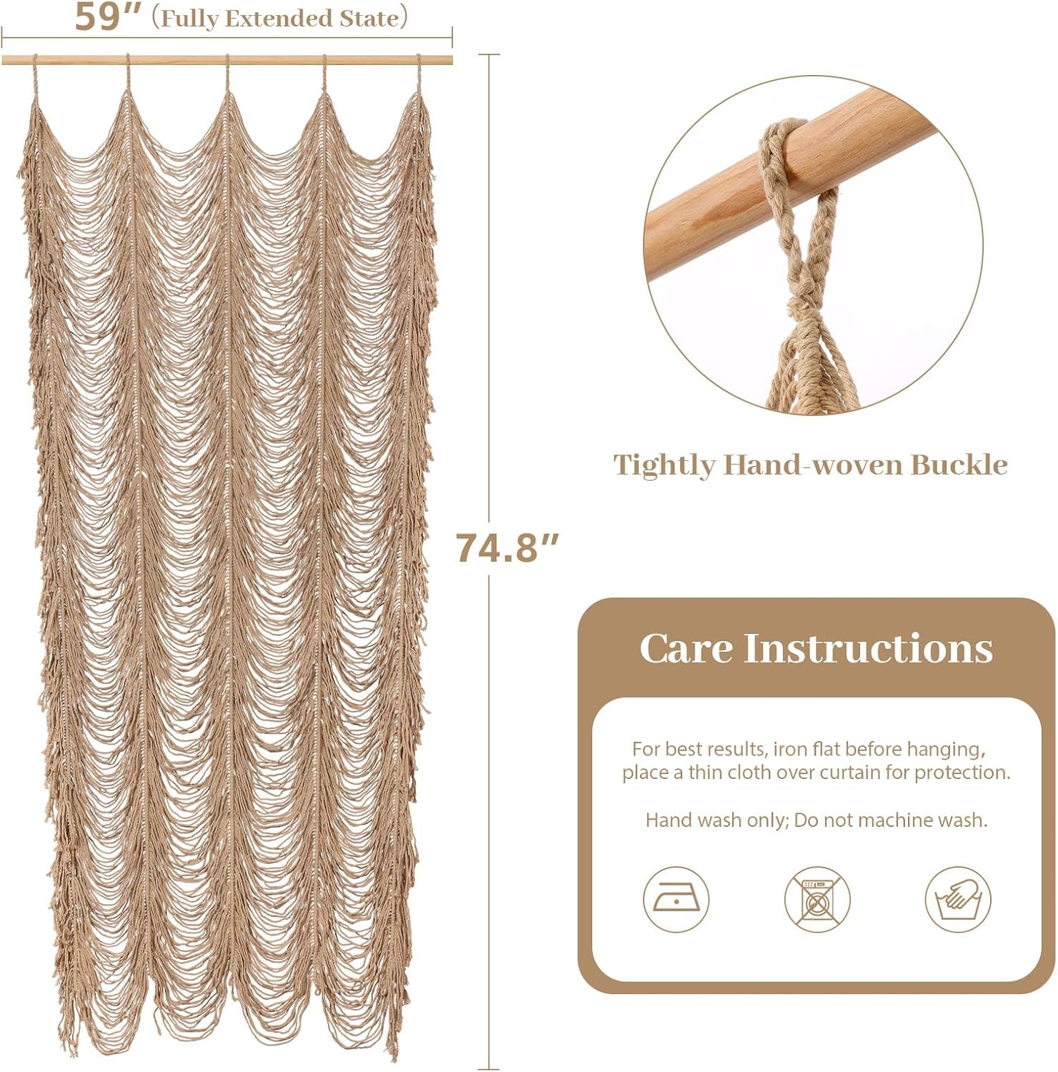 Boshen Macrame Boho Handmade Curtain, 1 Panel Tassels Doorway Window Wall Decor, 100% Cotton Art Craftsmanship Room Divider Wall Hanging for Bedroom, Living Room, Wedding, 75" L x 59" W Kakki