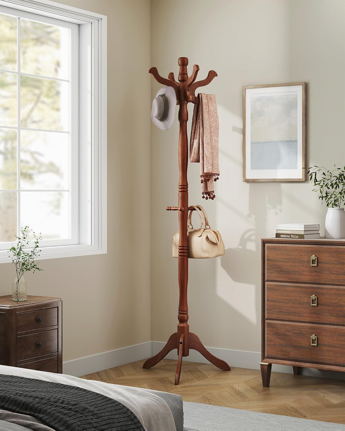 VASAGLE Coat Stand, Solid Wood Freestanding Coat Rack with 11 Hooks, Hall Tree for Bags, Purses, Hats, for Entryway, Hallway, Rubberwood, Caramel Brown URCR05WN