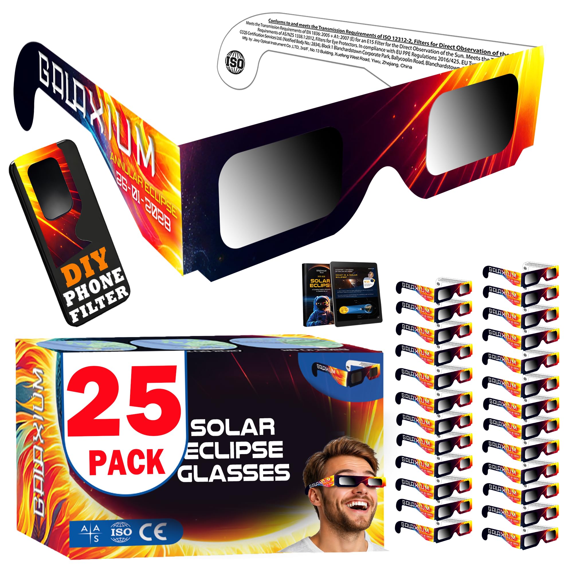 Galaxium [25 Pack Solar Eclipse Glasses AAS Approved 2026 - Trusted for Direct Solar Eclipse Viewing - ISO 12312-2 & CE Certified