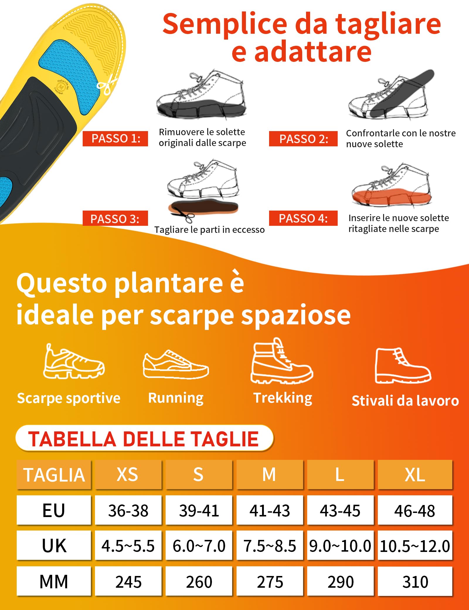 Solette Anti-Affaticamento Per Lavoro In Piedi - Supporto Arco Plantare, Con Gel, Taglia S, Per Uomo E Donna - Foto 7