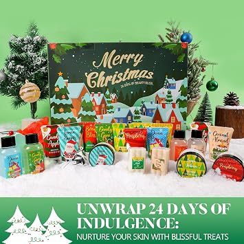 2026 Advent Calendar Christmas Gifts For Women, 24pc Spa Sets For Her, Hand &Foot Cream, Bubble Bath,Shower Gel, Body Lotion, Soap, Christmas Tree Bath Bomb, Christmas Countdown Calendar (Green)