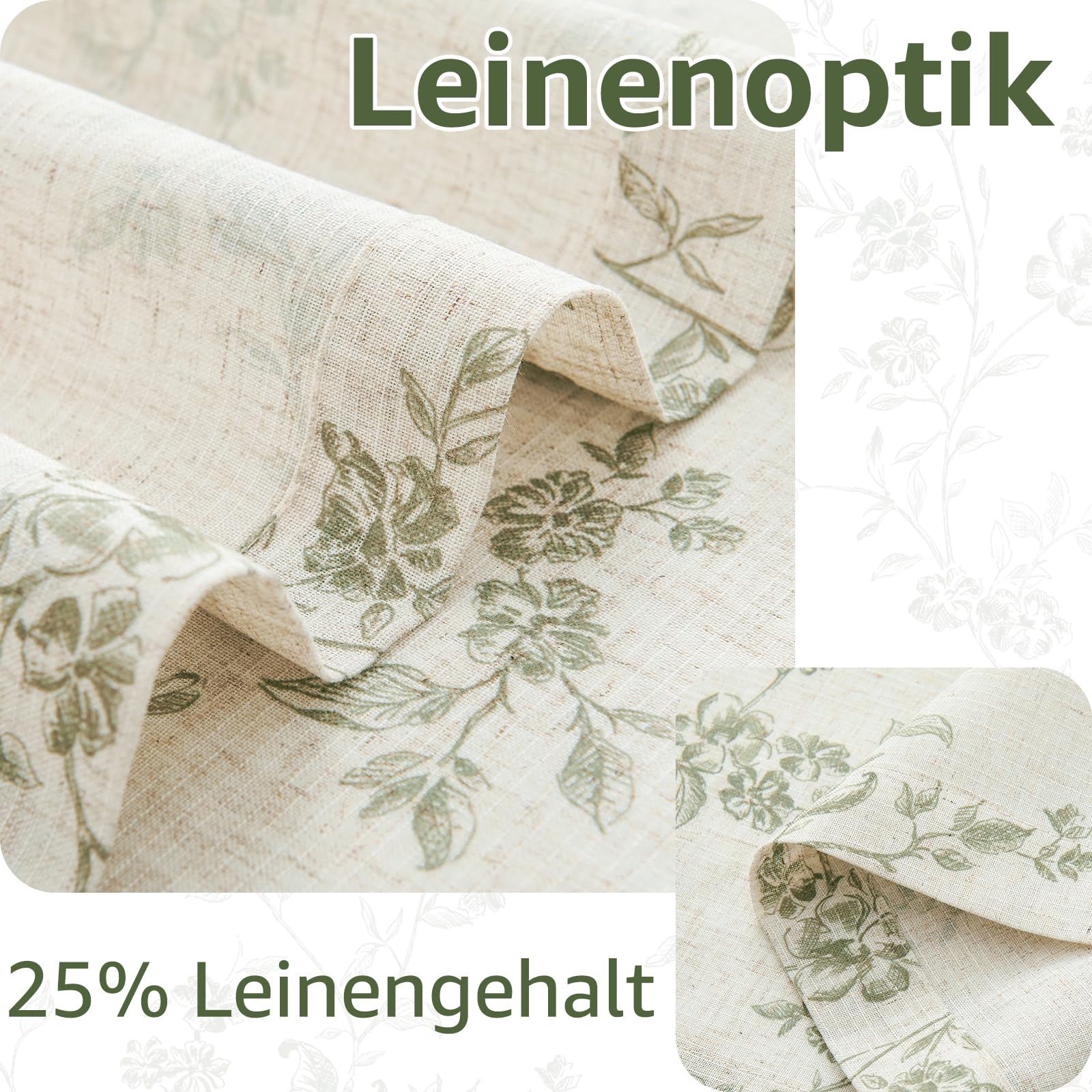 TOPICK Linnen Vitrage, bloemen, keukengordijnen, set van 2, 90 x 65 cm, landelijke stijl, moderne gordijnen, korte bistrogordijnen voor woonkamer, badkamer, raam, kort, blauw op beige