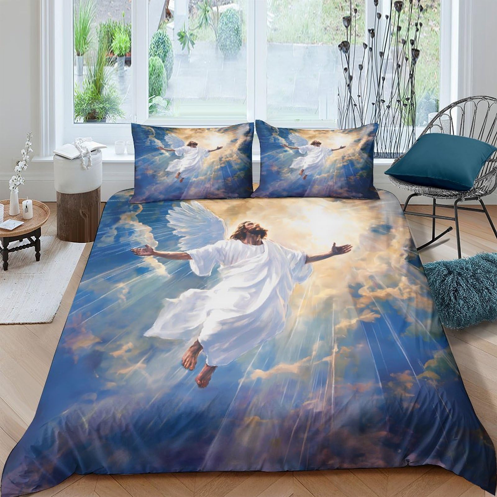 Ctjqhvkz Style-1 3D Printed Angel In Clouds Fitted Sheet Microfiber Soft Blue Sky Mattress Cover For Bedroom Guest Room Decor Single（135X200cm）