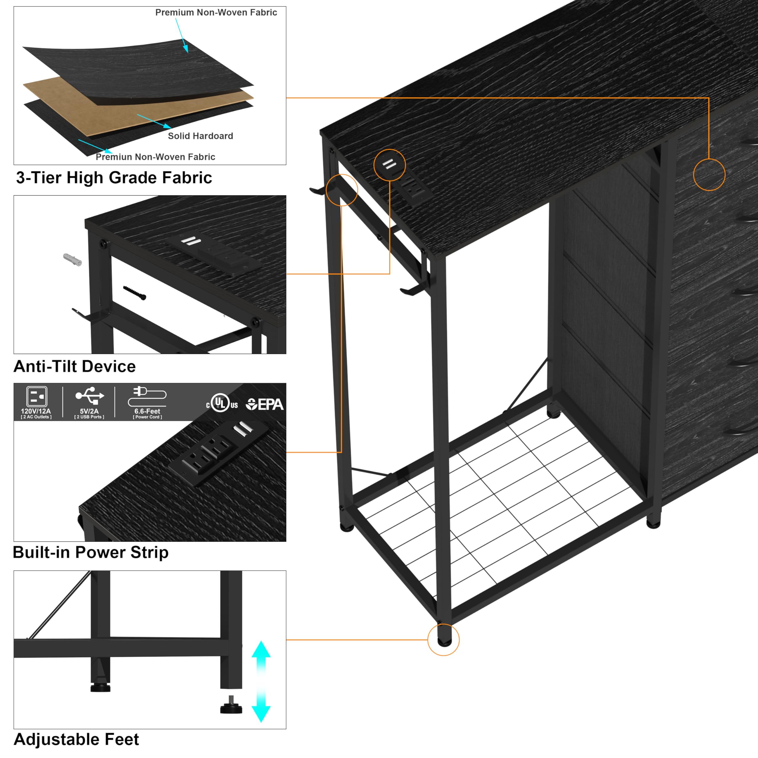 Cómoda para dormitorio con perchero, cómoda de 5 cajones con estación de carga y luces LED, cómoda blanca, estante flexible y espacio de almacenamiento abierto para dormitorio, sala de estar 8