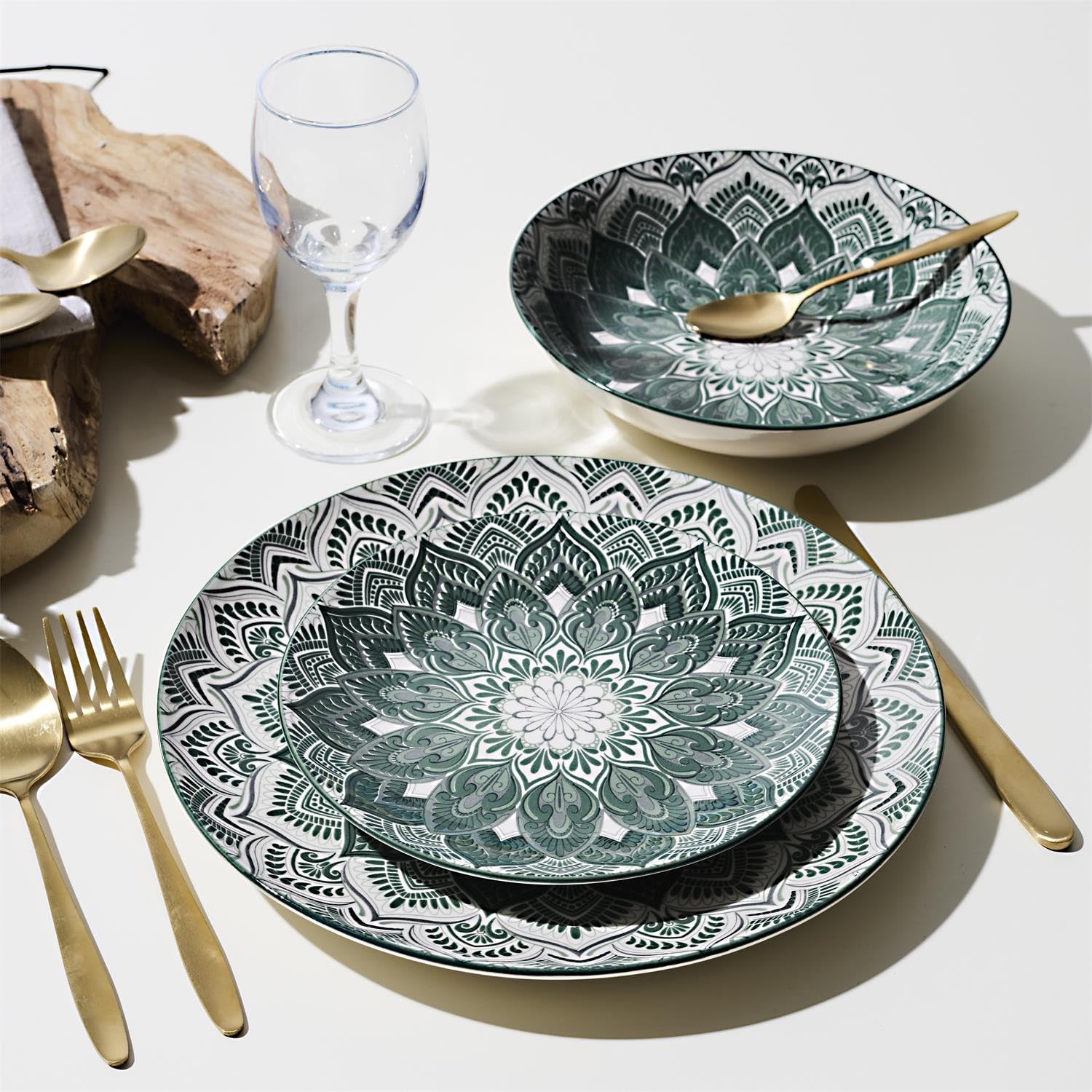 Service de table Indi 12 pièces, assiettes en porcelaine vertes et blanches, lot de 4 assiettes plates de 27 cm, 4 assiettes à dessert 19 cm, 4 assiettes creuses de 20 cm, motif mandala