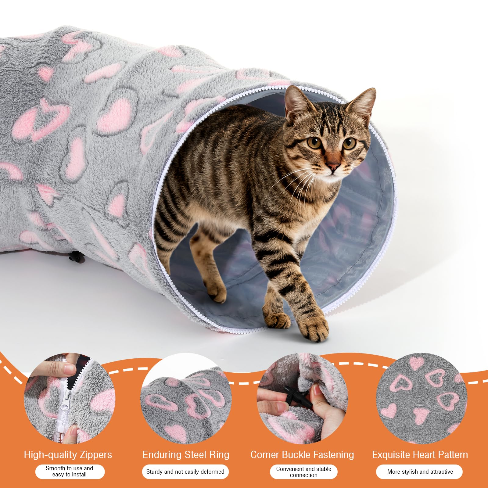 Tivray Tunnel per Gatti sotto L'albero di Natale, Letto-Tunnel in Peluche 90 cm con Palla Giocattolo e Cuscino Circolare, Grotta Interattiva Peekaboo, Regalo di Natale e Coniglietti, Grigio&Cuori