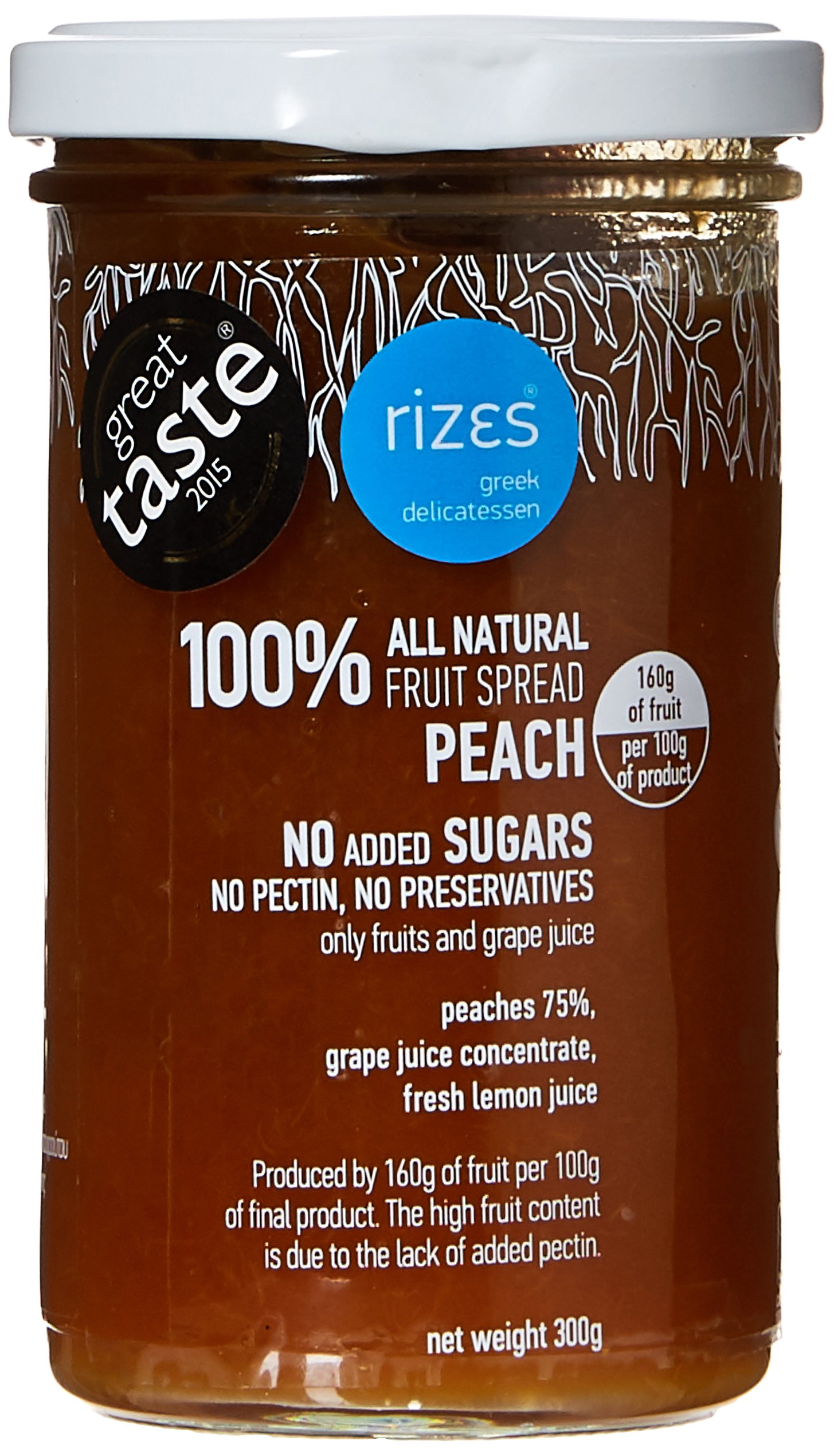 Rizes Greek Delicatessen 100% Peach Fruit Spread – 2 x 300g | No Added Sugar, No Preservatives, No Artificial Colors or Flavors | Natural Greek Spread