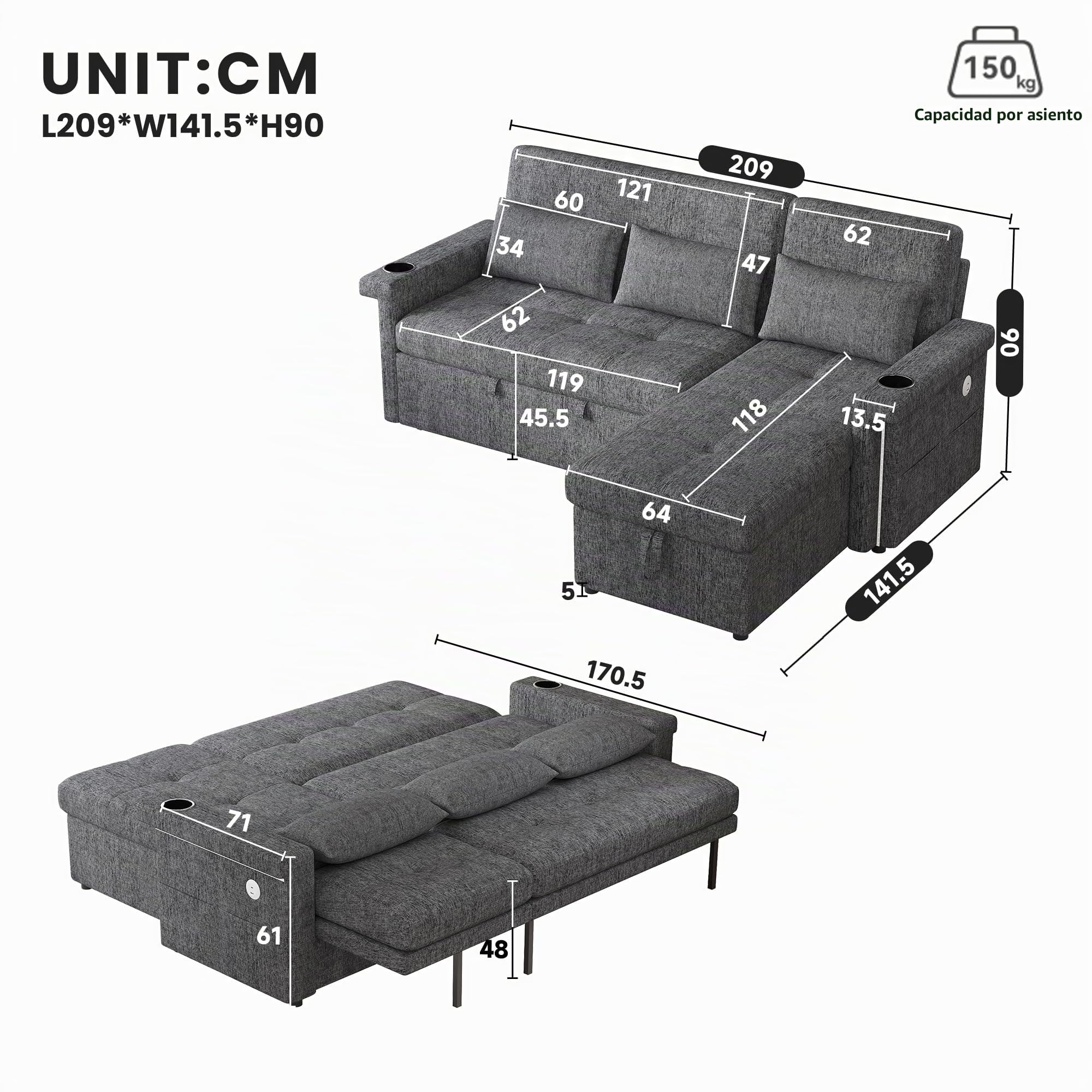 Sofá esquinero en forma de L con función de sueño, con espacio de almacenamiento, sofá de 3 plazas, convertible en sofá cama, con iluminación LED y puertos USB, respaldo ajustable con