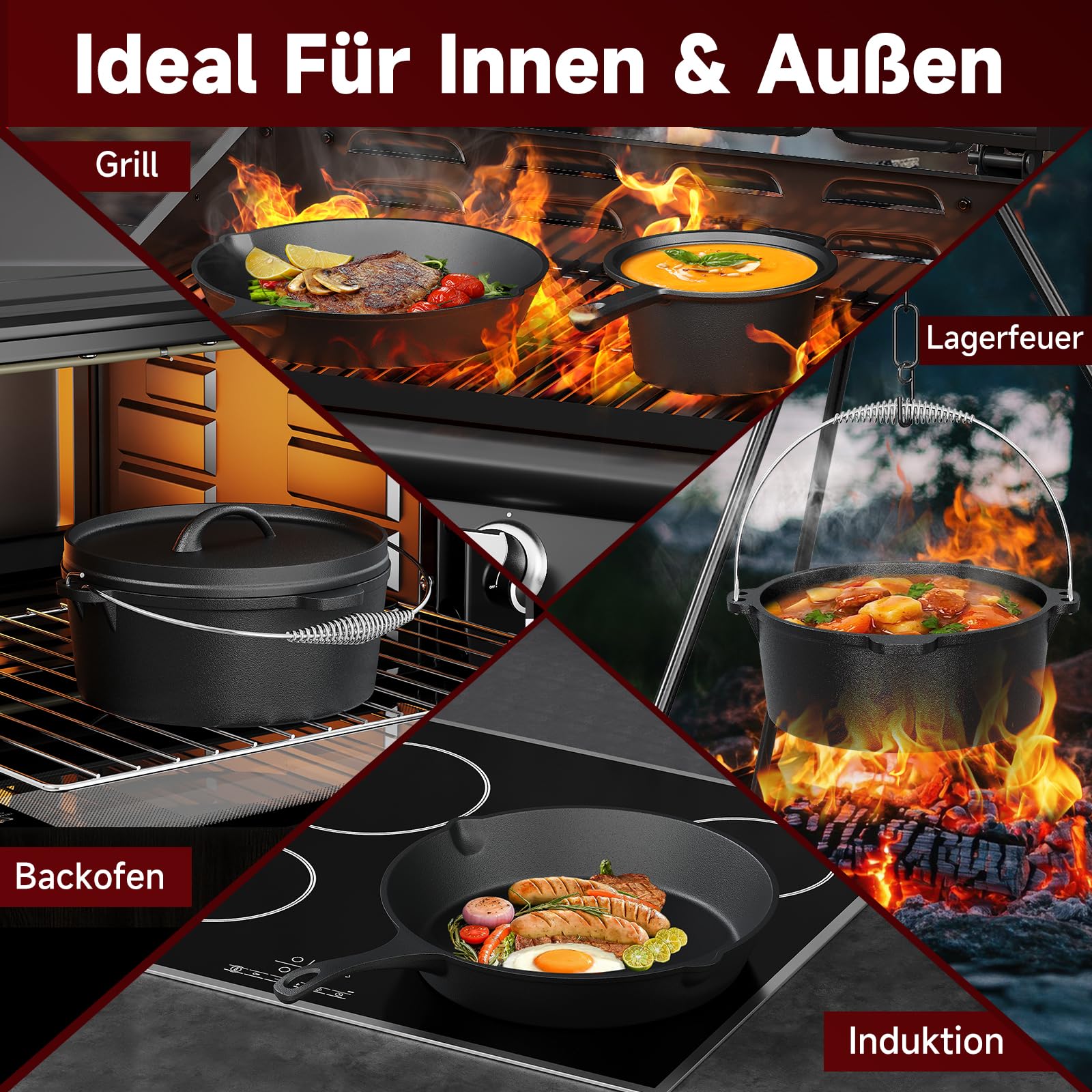 HOMELUX Dutch Oven Set 10-teilig | Gusseisen Camping Kochgeschirr Set mit Grillplatte, Feuertopf, Pfanne, Deckelheber, Untersetzer & Zubehör | Geeignet für Outdoor Grill & Hausküche