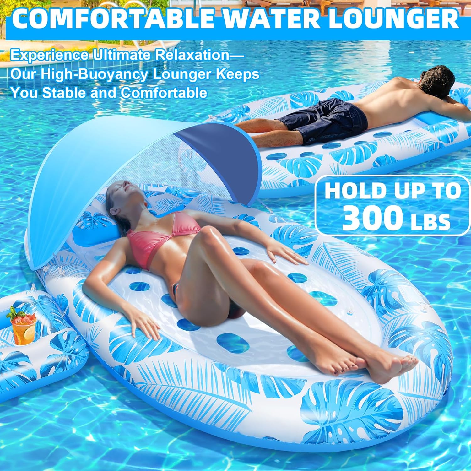 2025 New Pool Floats Adult with Canopy and Cup Holder, 3-in-1 Inflatable Pool Lounge Floaties for Swimming Pool Lake Beach Water, Raft Lounger Floating Chair for Adults Heavy Duty