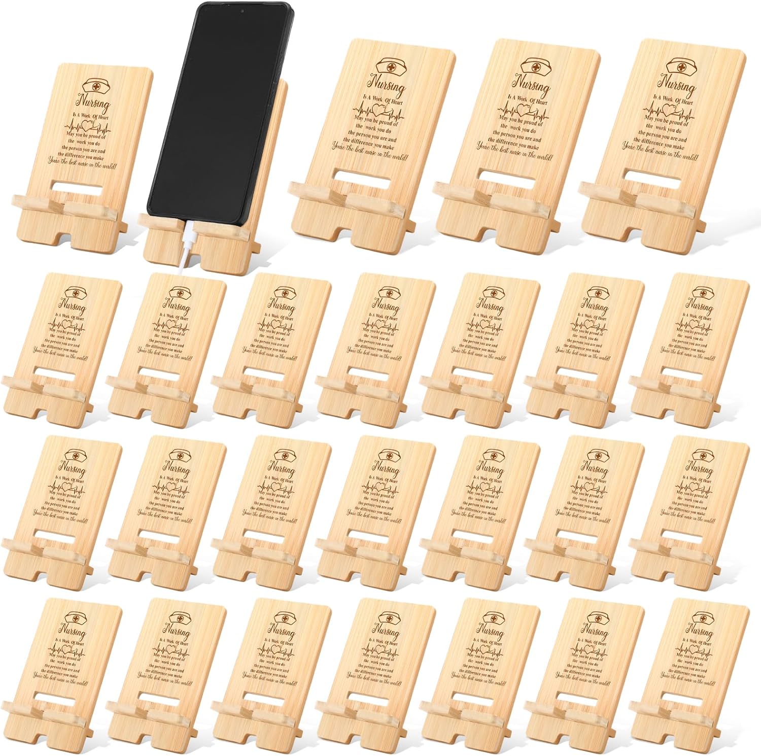Novabright 24 Pcs 2026 Nurse Appreciation Gift Bulk Bamboo Phone Stand for Desk Office Worker Thank You Gift for Rn Staff Coworker Doctor Student Grad Graduate Office
