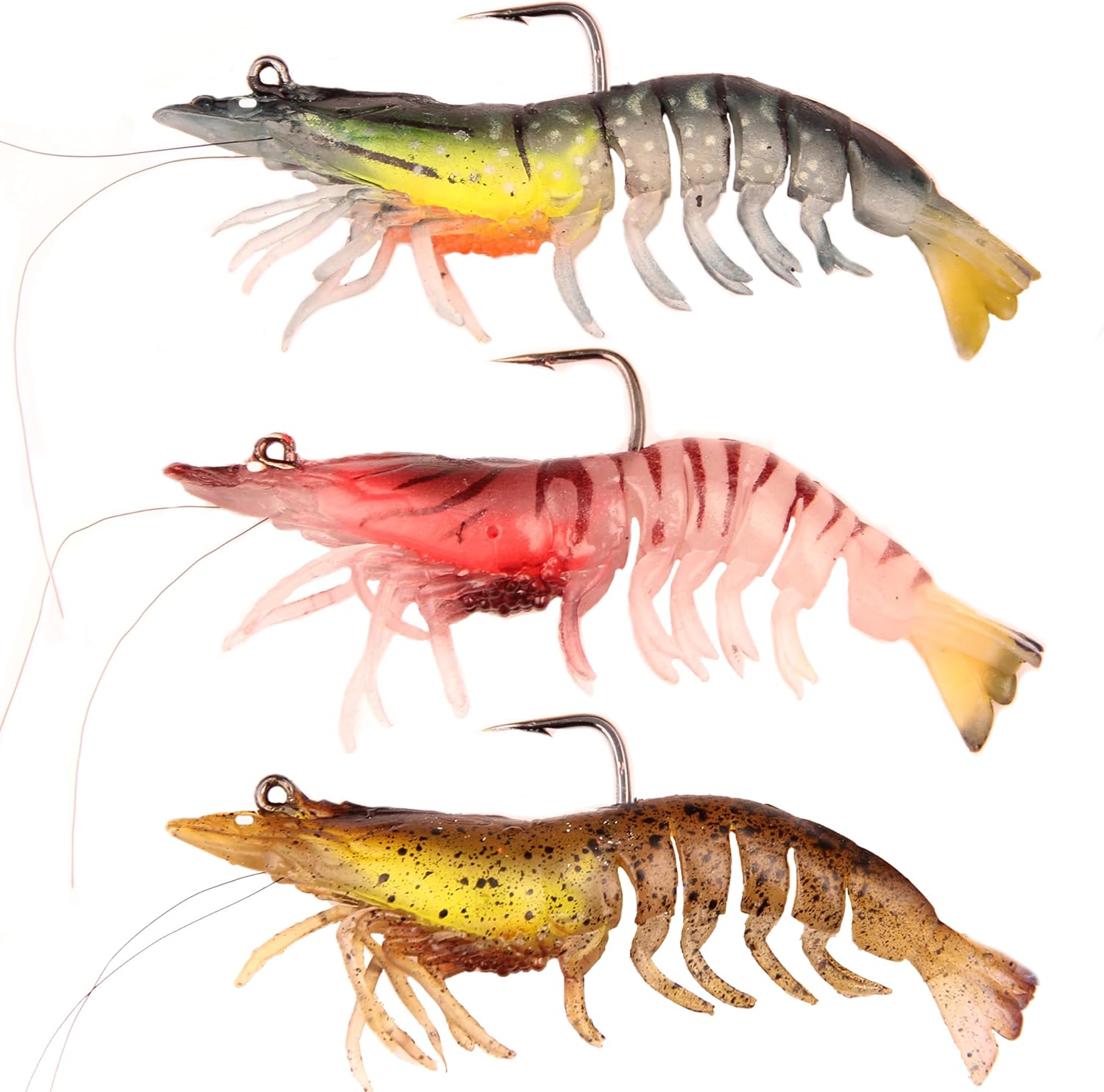 EXAURAFELIS 3pcs Fishing Lures Shrimps baits Pre-Rigged Fish Jigs - Soft Lure Bass Trout Lifelike Shrimp Crayfish Swimbait