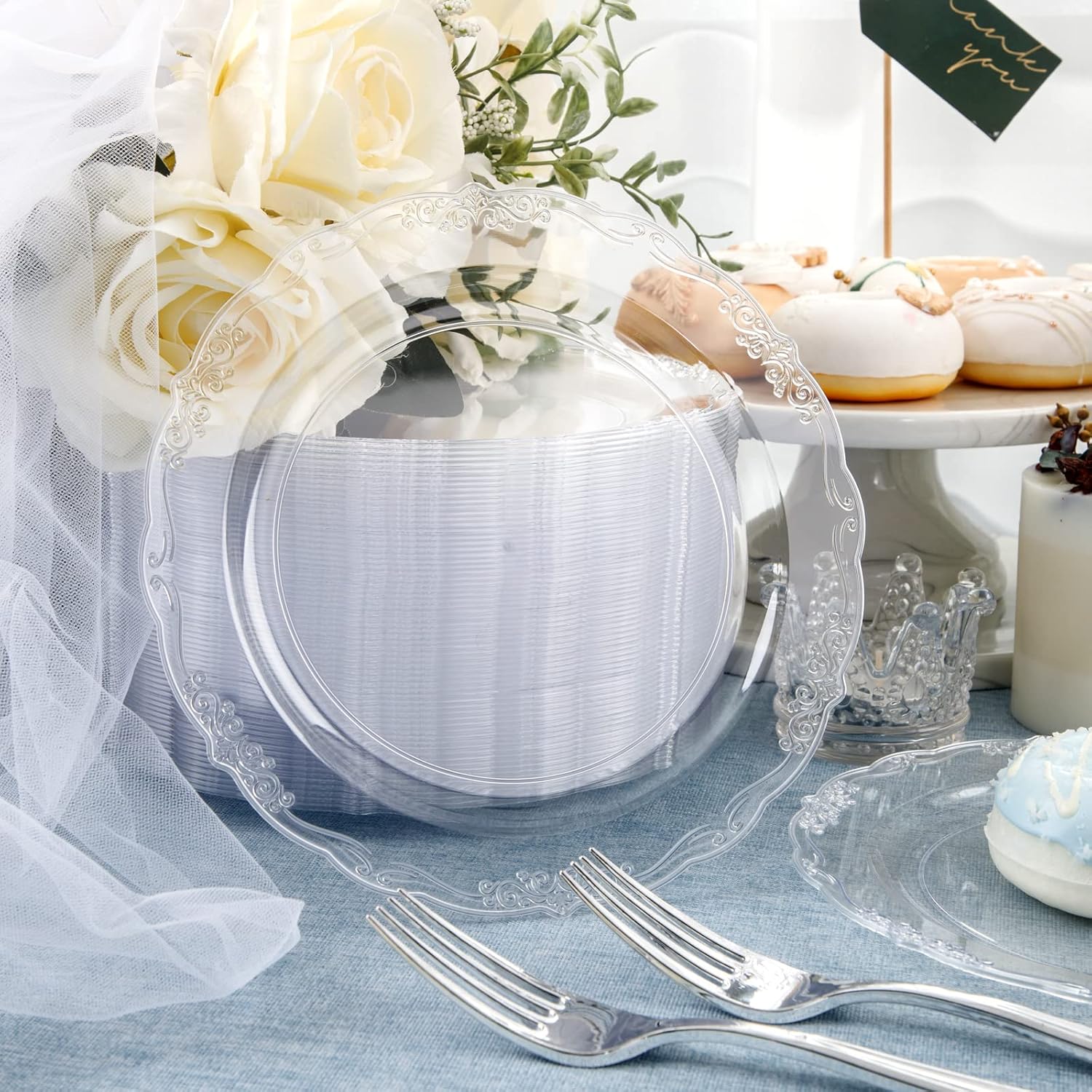 U-QE 60 Pieces Clear Plastic Plates - 7.5 Inch Clear Disposable Plates - Plastic Appetizer Plates - Premium Hard Dessert Plates - Party Supplies for Birthdays, Celebrations, Wedding and Events - Image 3