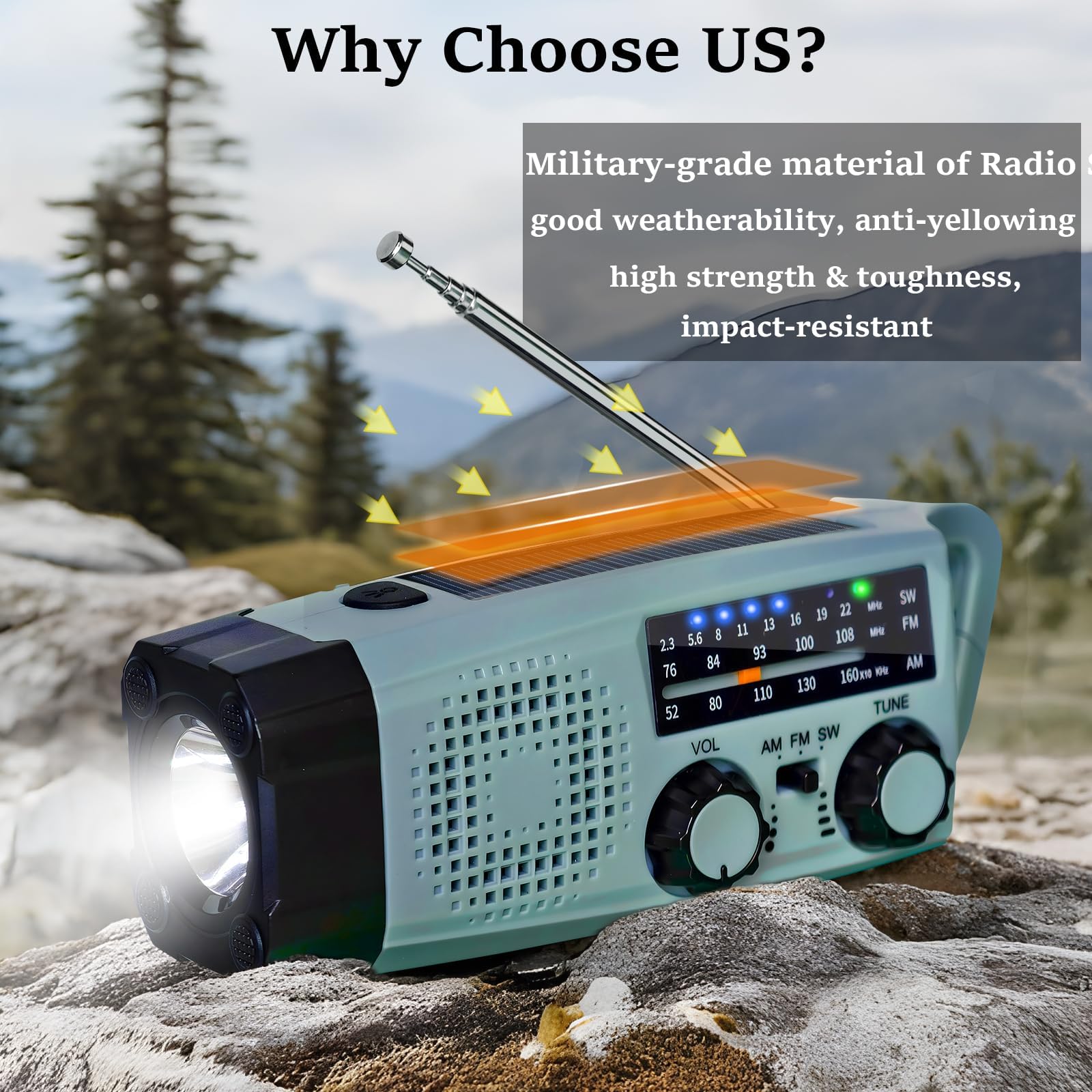 Radio Portable Urgence, Radio a Pile Rechargeable et Lampe Torche LED, Alarme SOS, Power Bank 2000mAh, Recharge par USB/Solaire/Dynamo, Radio AM/FM/SW pour Randonnée, Camping et Kit de Survie (IPX5)