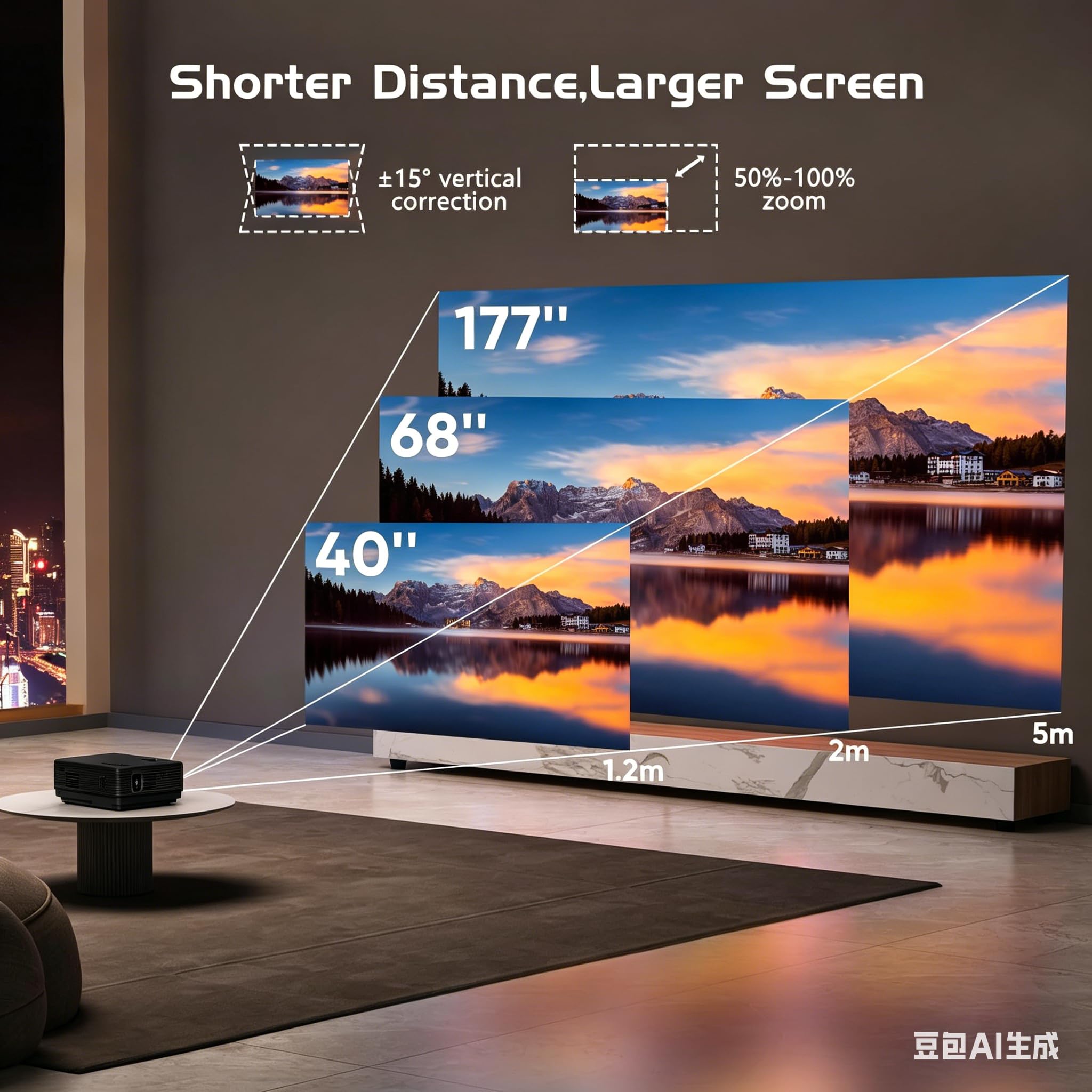 AKATUO Mini Projecteur Full HD 1080P Portable, Bluetooth, Écran 200", Home Cinéma, Extérieur