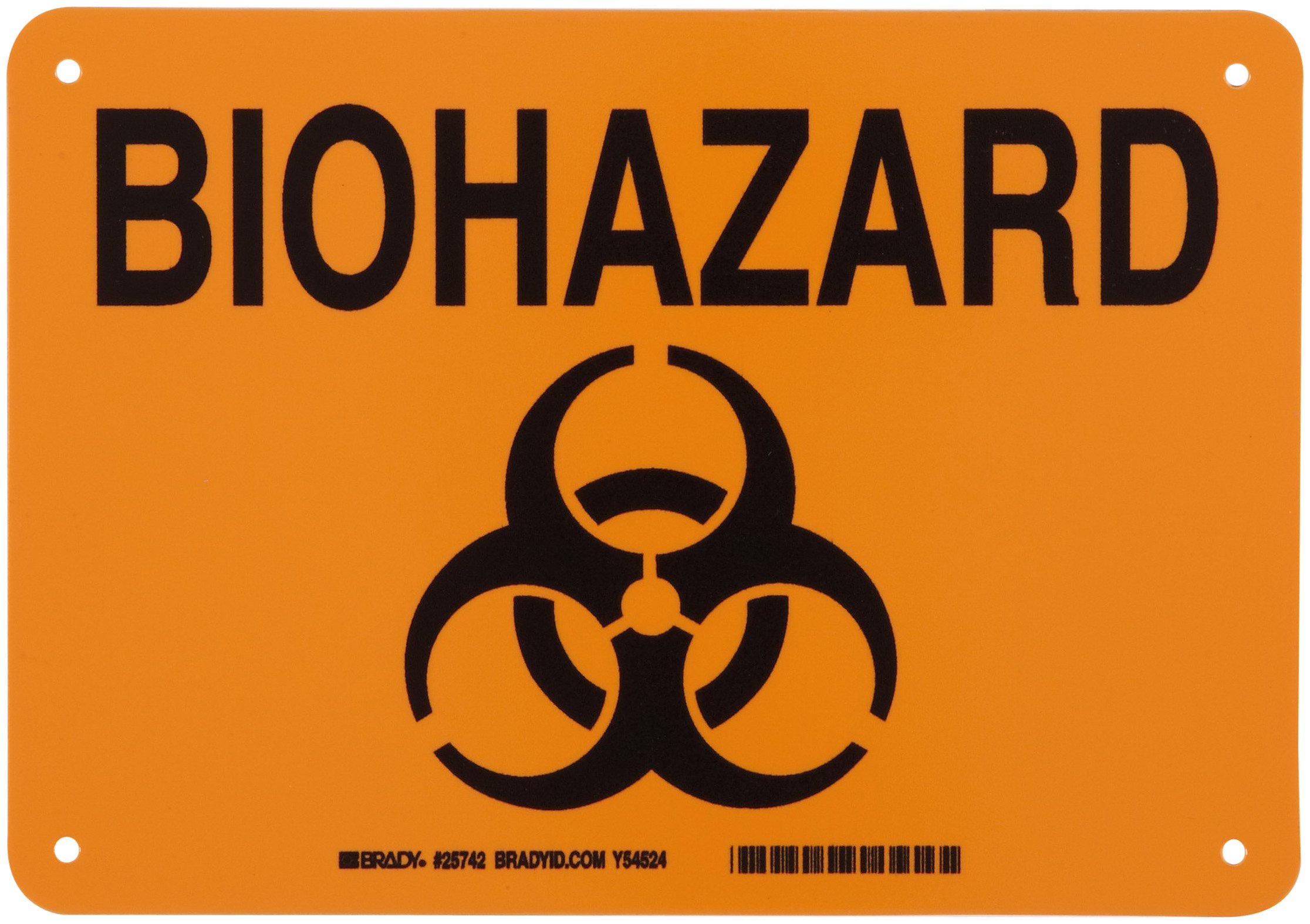 Brady 25742 10" Width x 7" Height B-401 Plastic, Black on Orange Biohazard Sign, Legend "Biohazard" (with Picto) Polystyrene 7" H x 10" W