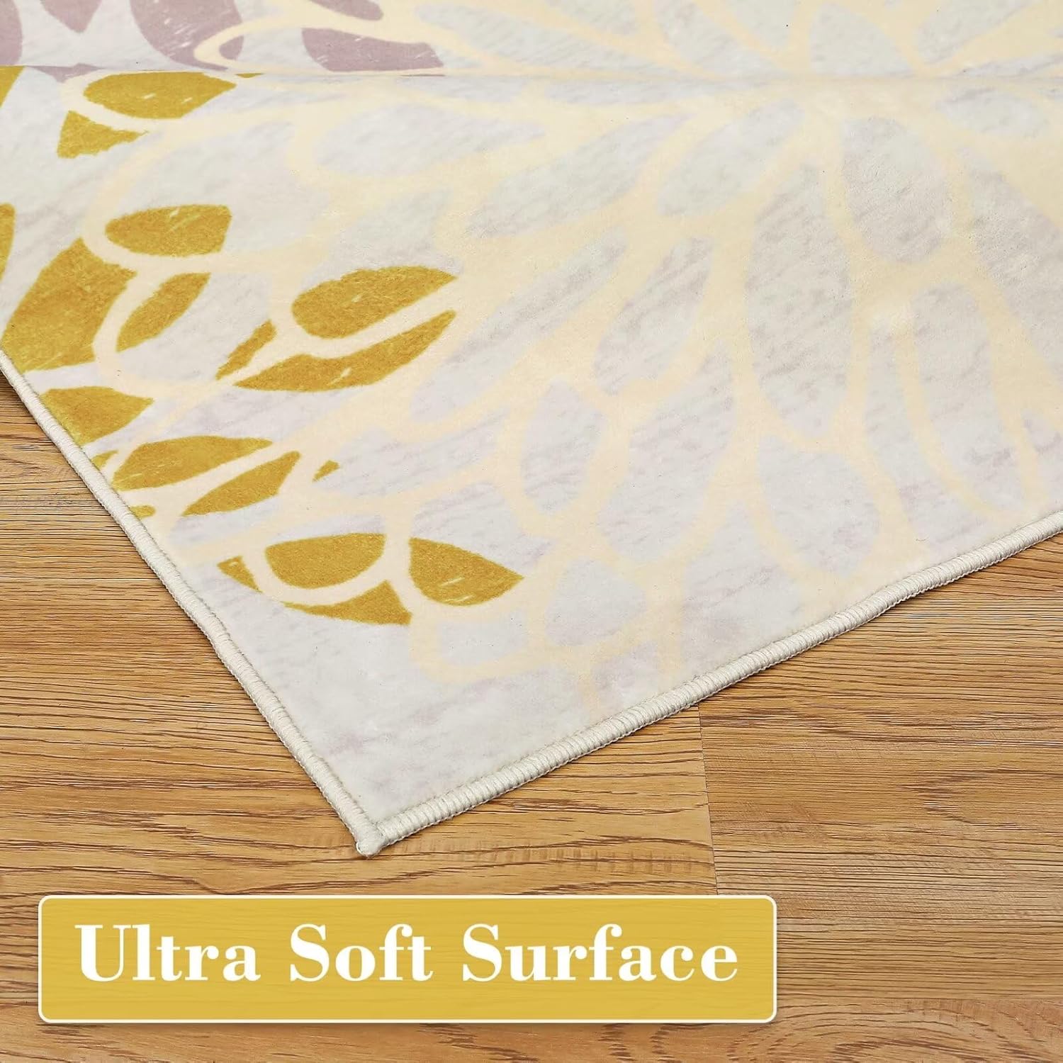 GlowSol Small Area Rug 2x3 Washable Entryway Rug Modern Floral Indoor Mat Low Pile Carpet Non Slip Non Shedding Fluffy Rug for Bedroom Living Room Entrance, Beige/Yellow