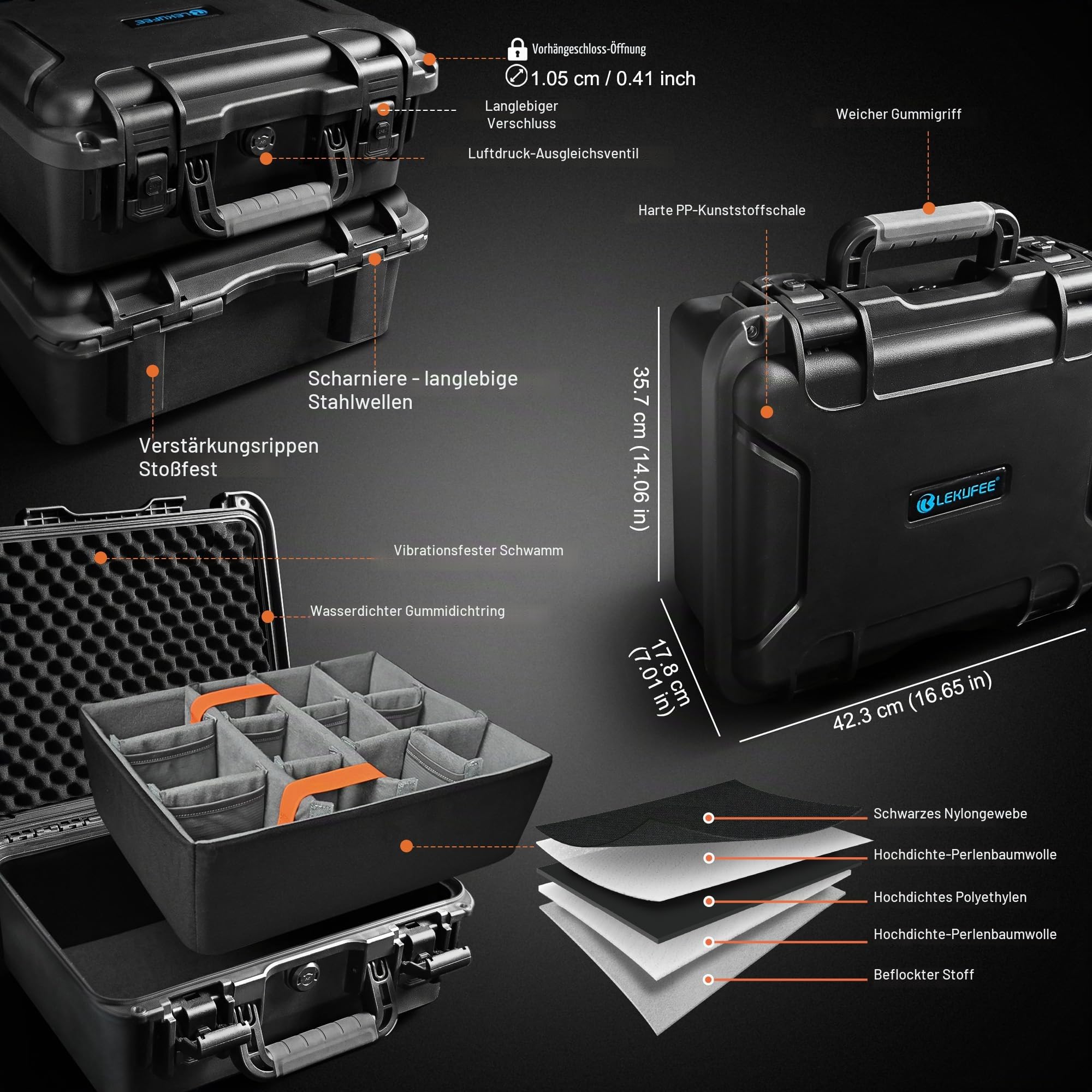 LEKUFEE Wasserdichter Hartschalen-Tragekoffer mit gepolsterten Trennwänden für DJI Mavic 4 Pro, Air 3S, Mini 4 Pro Drohne, teilweise Sony/Canon/Nikon Kamera und Objektive sowie Zubehör