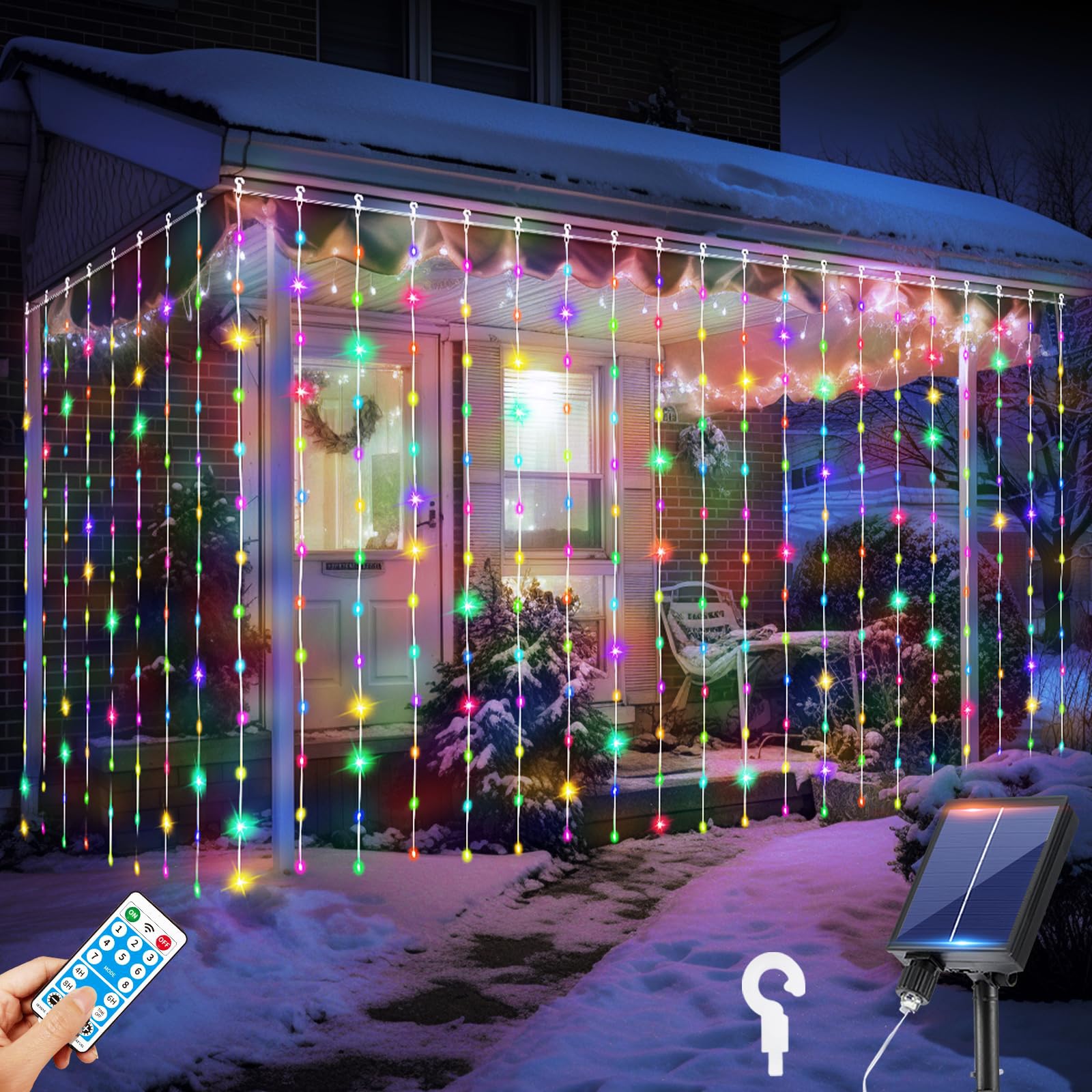 RJEDL Cortina Luces Exterior Solar, 3x3m 300 LED Cortina de luces exterior con 2 métodos de carga 8 modos de control remoto IP65 impermeable cascada solar al aire libre/en interiores luces de hadas