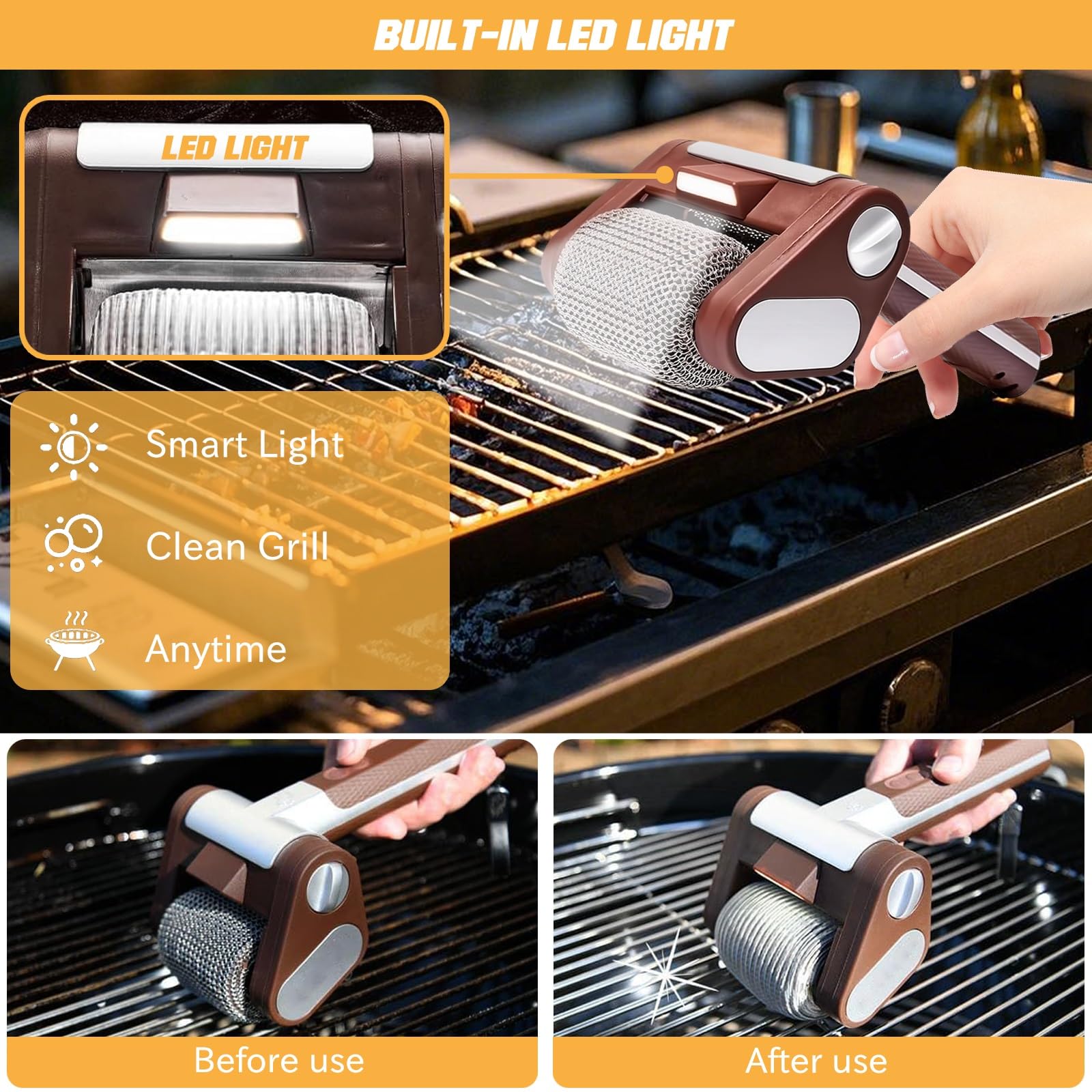 Spazzola per barbecue per esterni, senza setole, pulitore per barbecue acciaio inox 304 per griglie a gas, griglie a carbone, bollitori e griglie(Black gold)