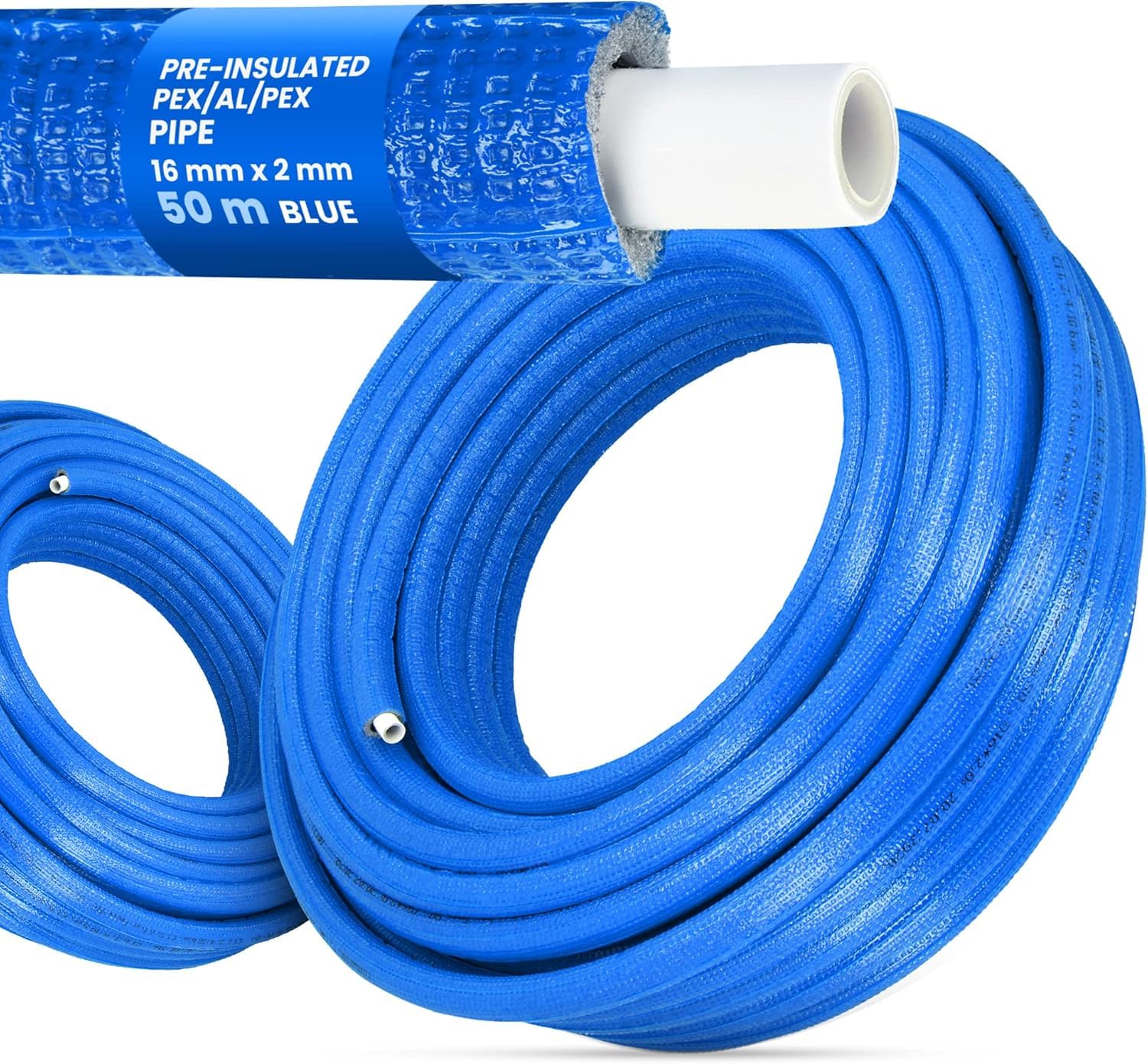Tuyau PEX/AL/PEX Pré-isolé - Longueur 50 Mètres - Isolation Mousse - Revêtement Polyéthylène - Pour Systèmes de Chauffage (Bleu, Ø16 x 2 mm 50 mètres)