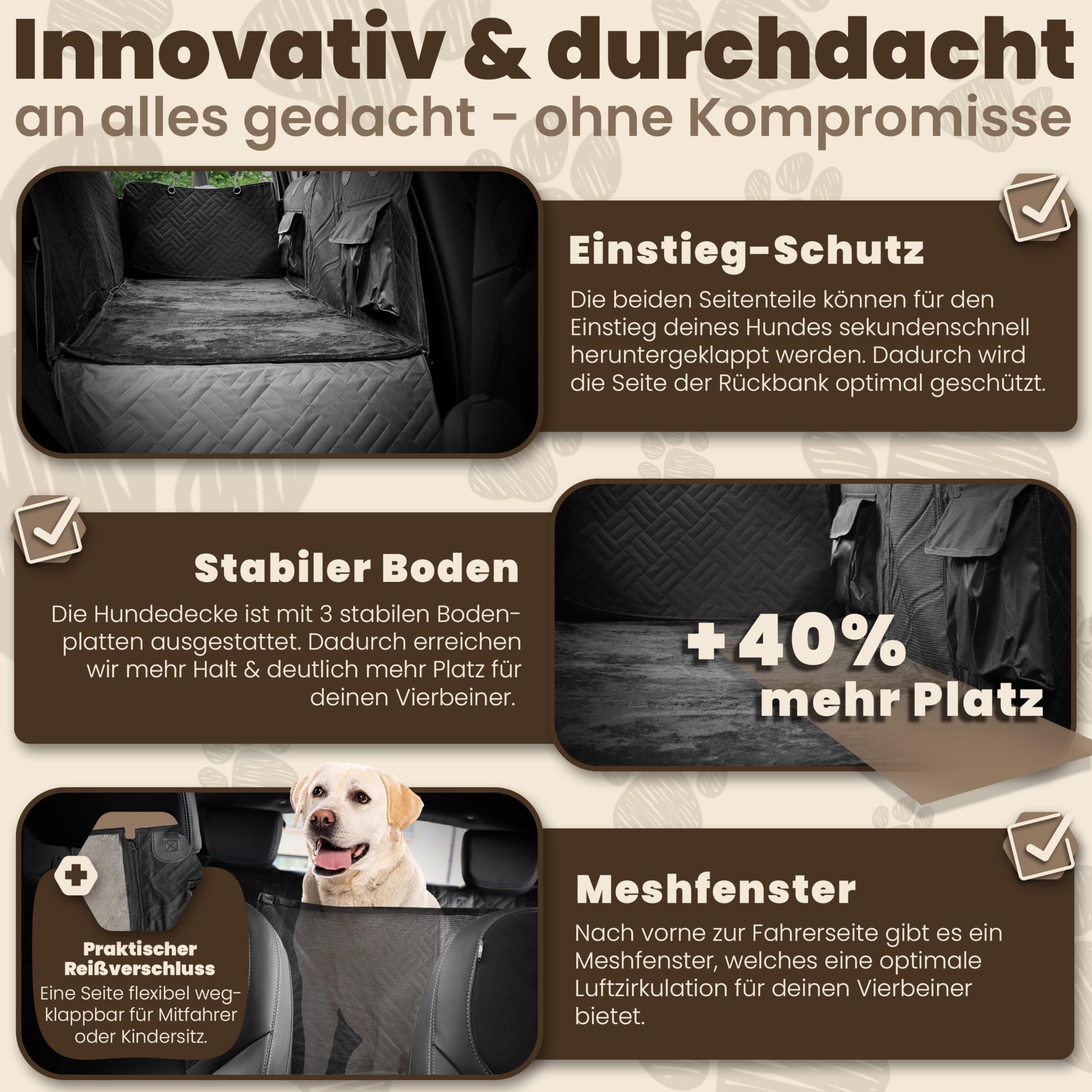 Hundedecke Auto Rückbank – Innovative Autoschondecke mit festem Boden zur Rücksitz-Erweiterung – Universell passend – Abnehmbare, gemütliche Decke für Hunde