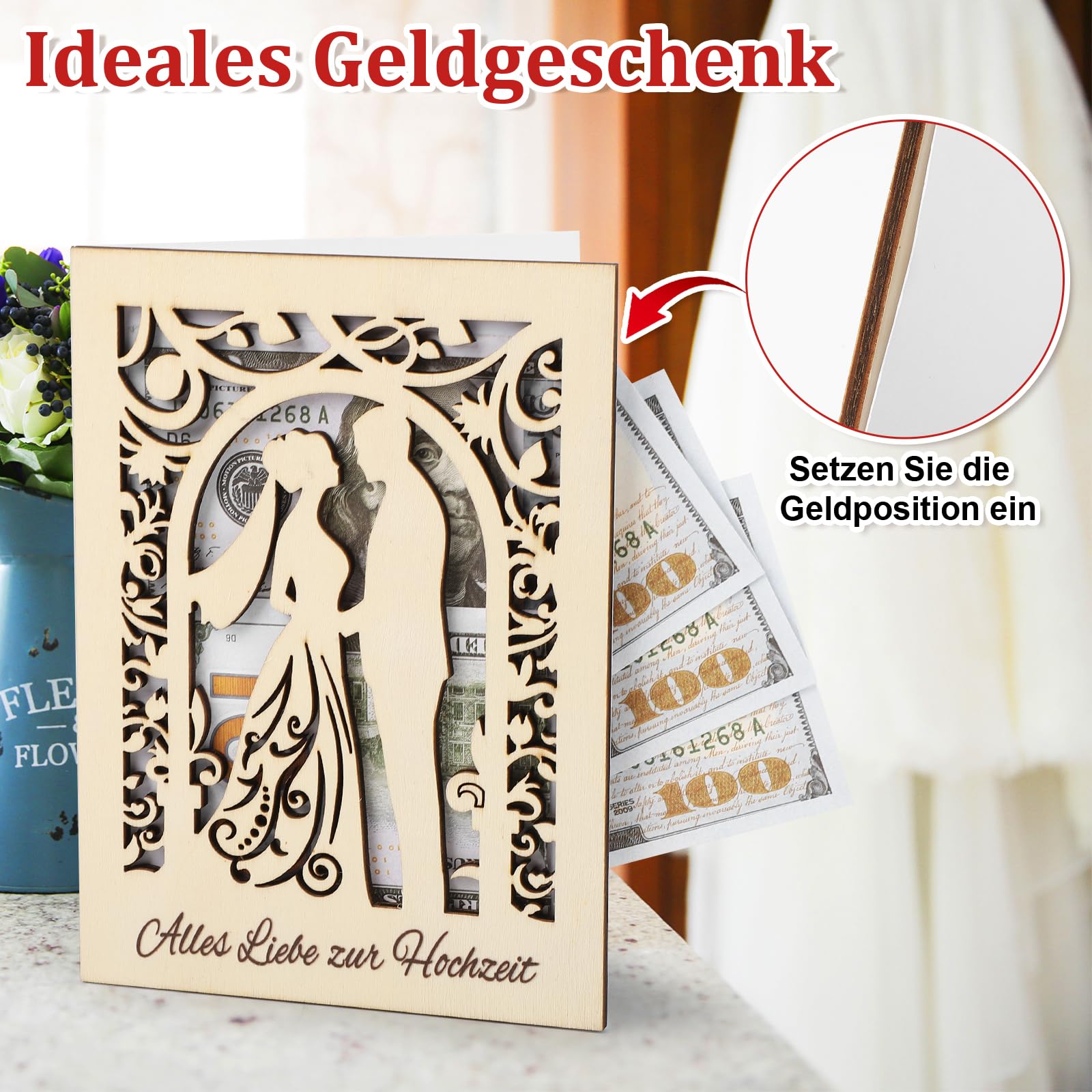 COCHIE Wedding Card Wooden with Envelope Money Gift Card for Wedding Money Gift Packaging Happy Greeting Card for Wedding Wedding Gifts for Bride and Groom - Image 3