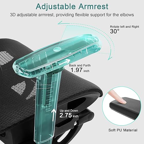 Miniatura 6 de VECELO Silla de oficina giratoria ergonómica de malla con respaldo alto con reposapiés retráctil, respaldo ajustable, función de inclinación,