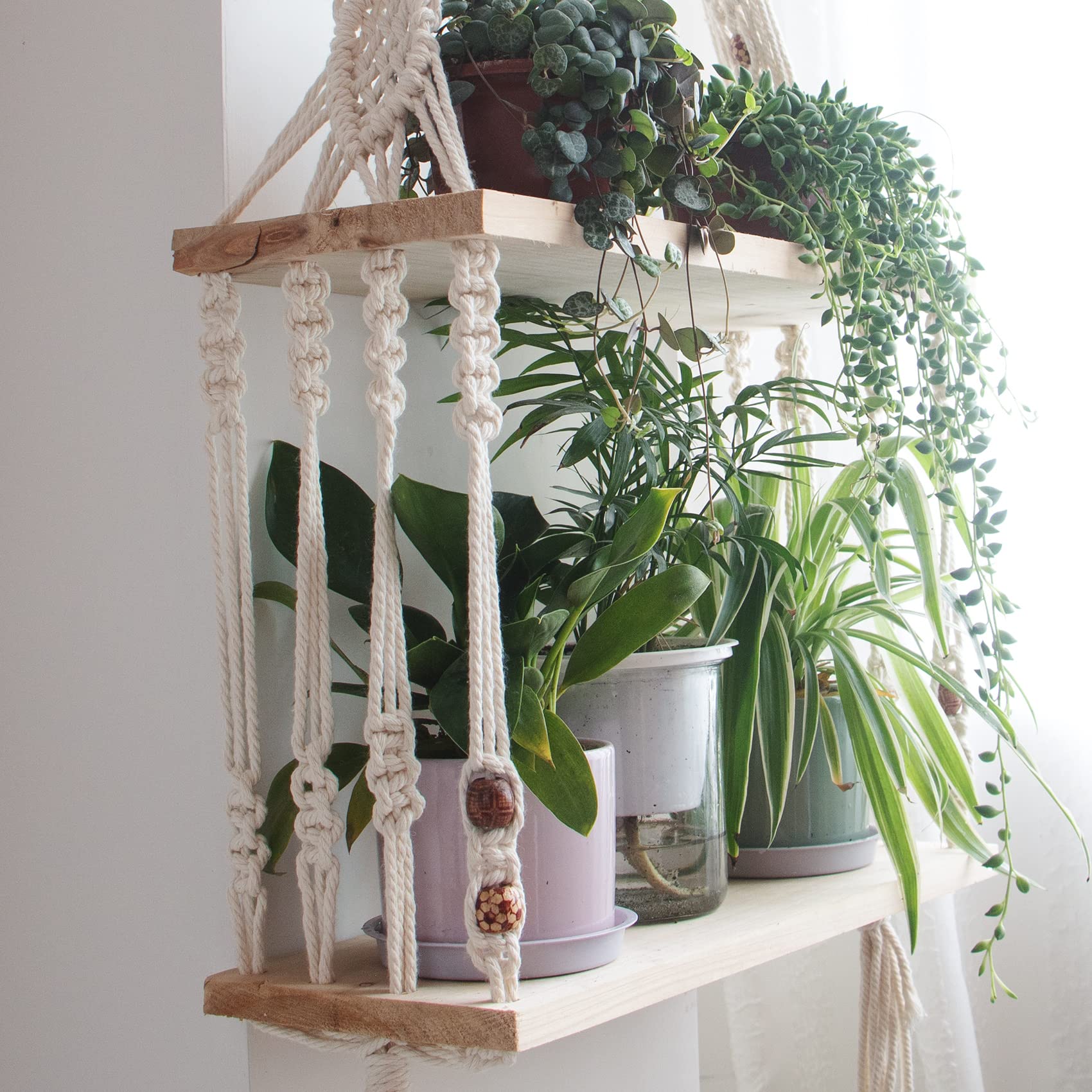 Boho Wall Hanging Shelves Macrame Floating Plant Photos Wood Shelf for Bedroom Living Room Apartment Decor